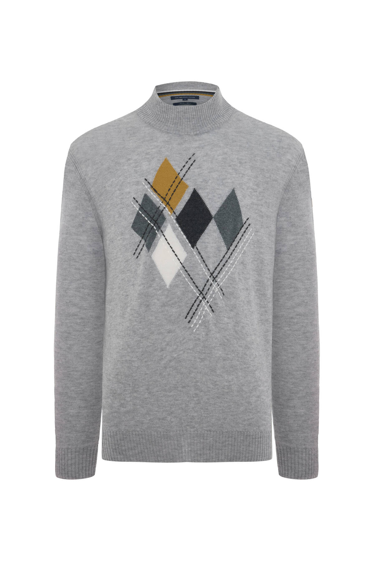 Lambswool Yün Argyle Desenli Lupetto Yaka Açık Gri Kazak