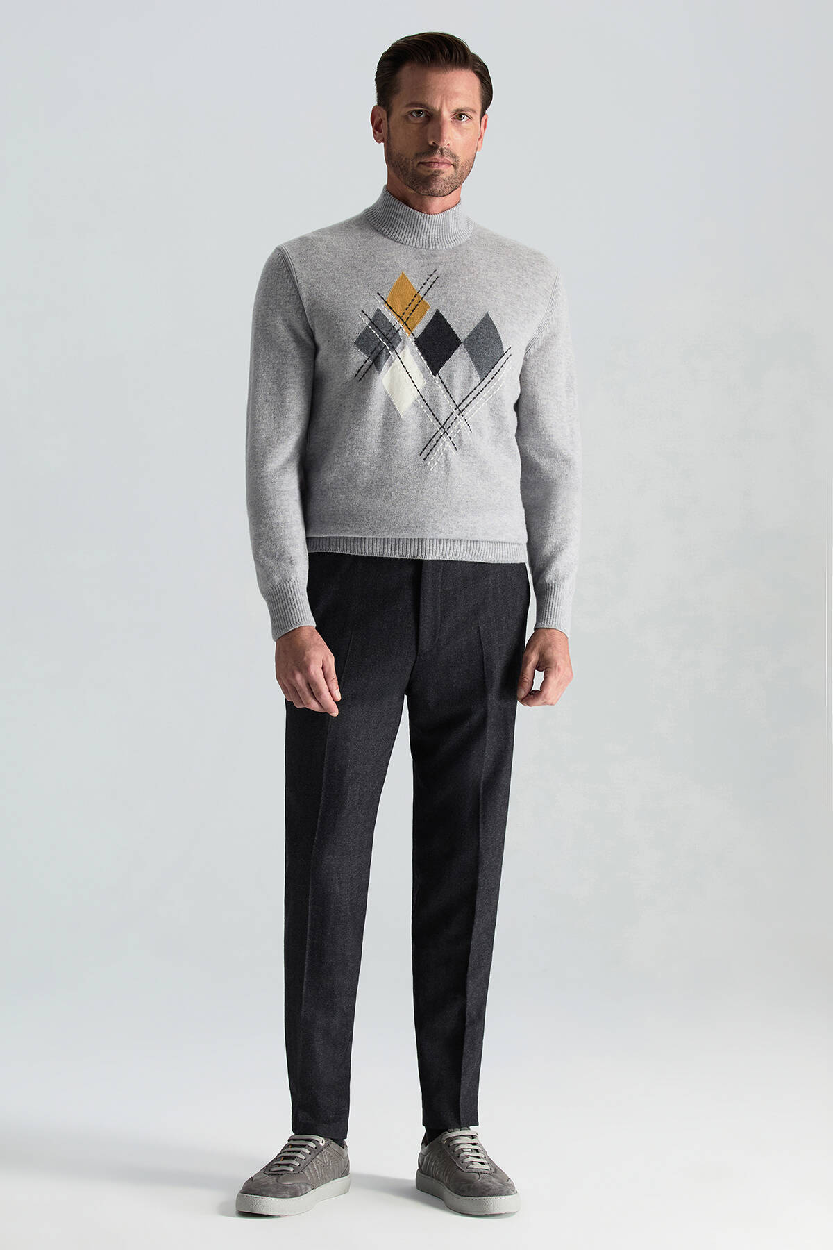 Lambswool Yün Argyle Desenli Lupetto Yaka Açık Gri Kazak