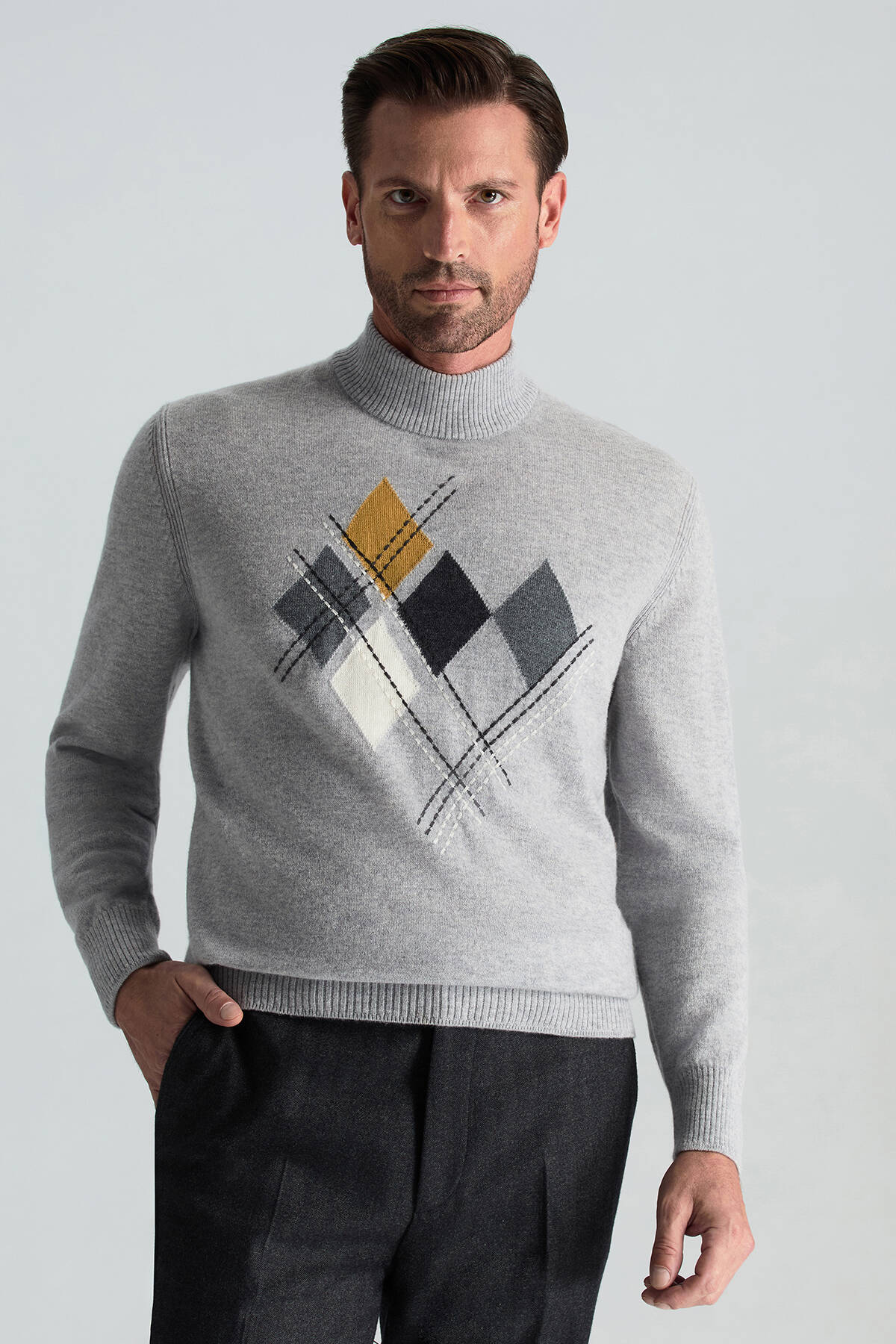 Lambswool Yün Argyle Desenli Lupetto Yaka Açık Gri Kazak