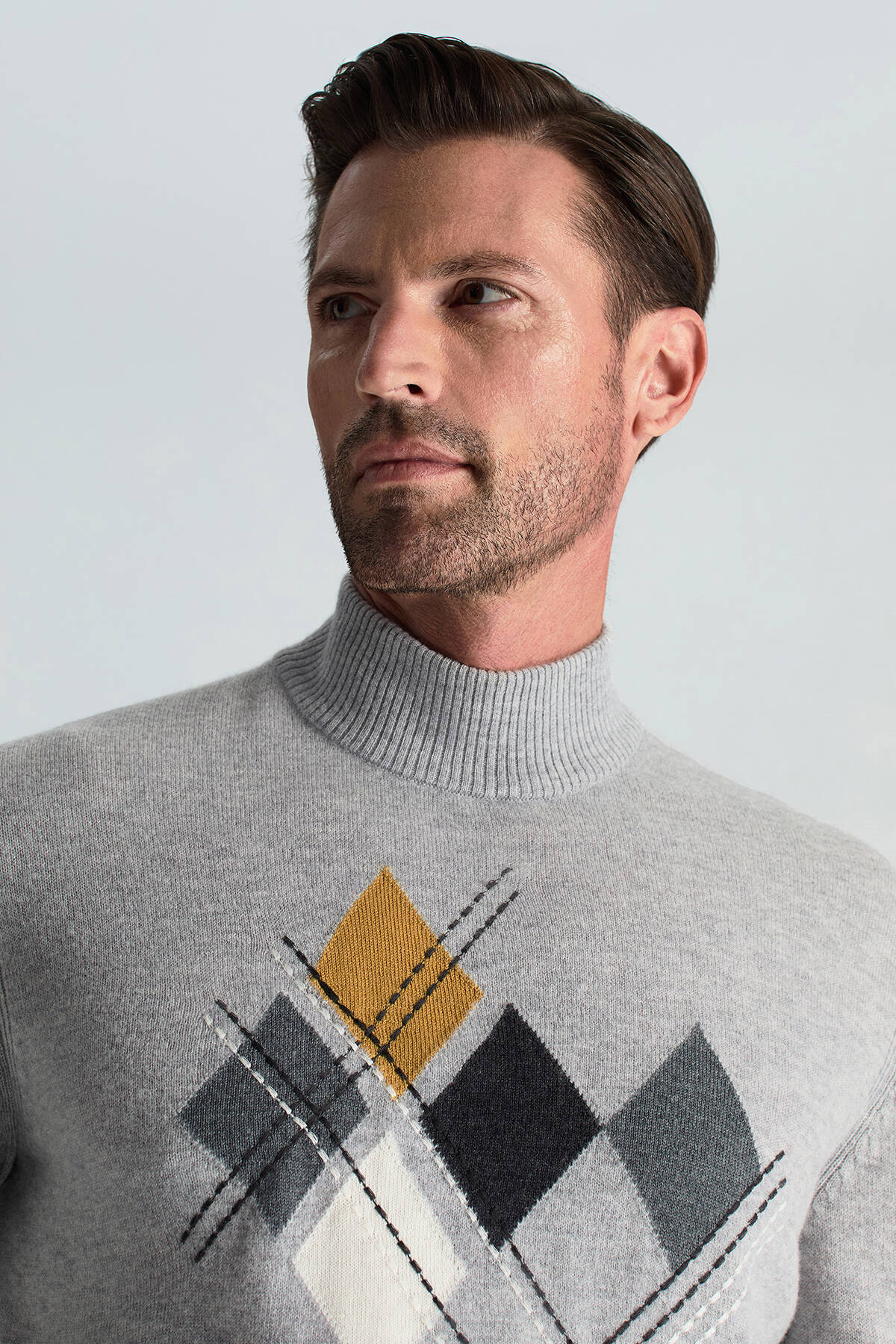 Lambswool Yün Argyle Desenli Lupetto Yaka Açık Gri Kazak