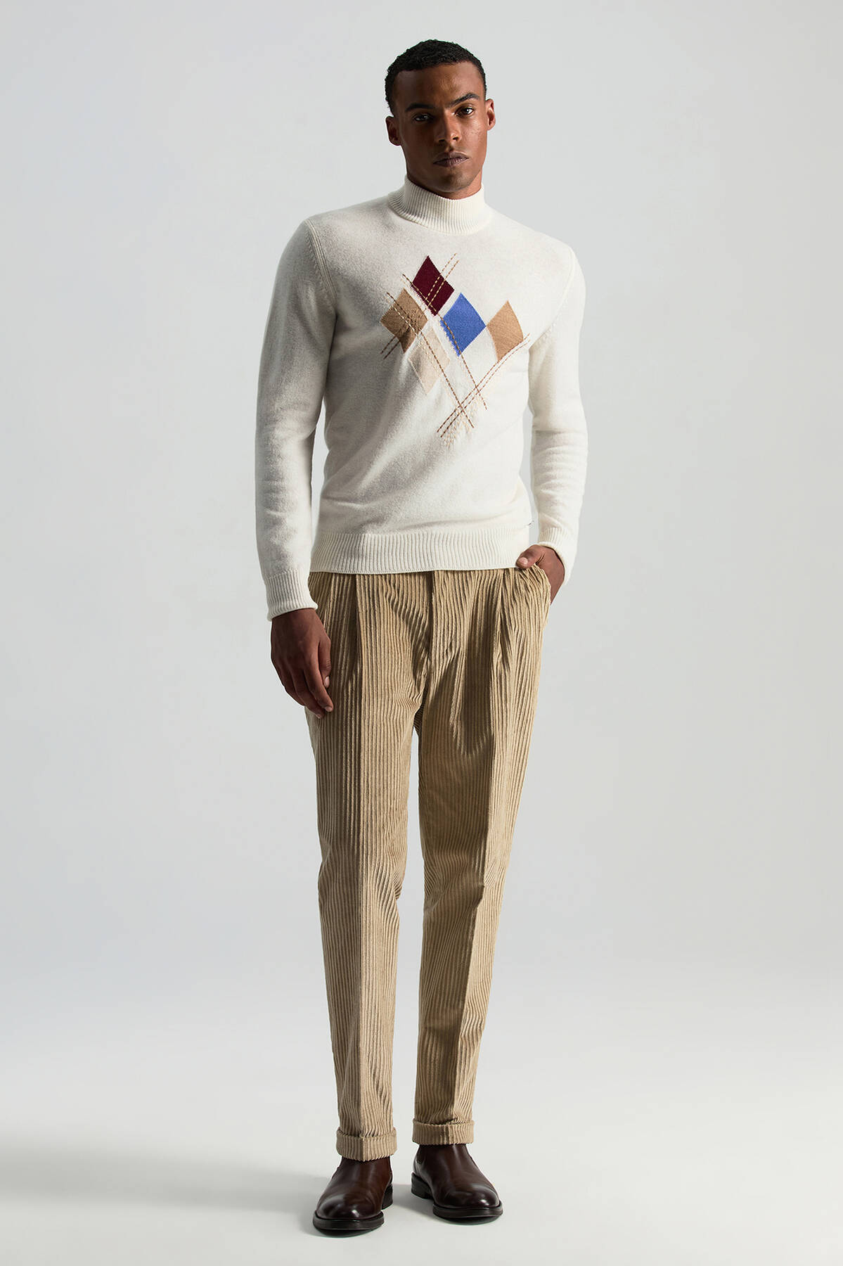 Lambswool Yün Argyle Desenli Lupetto Yaka Ekru Kazak