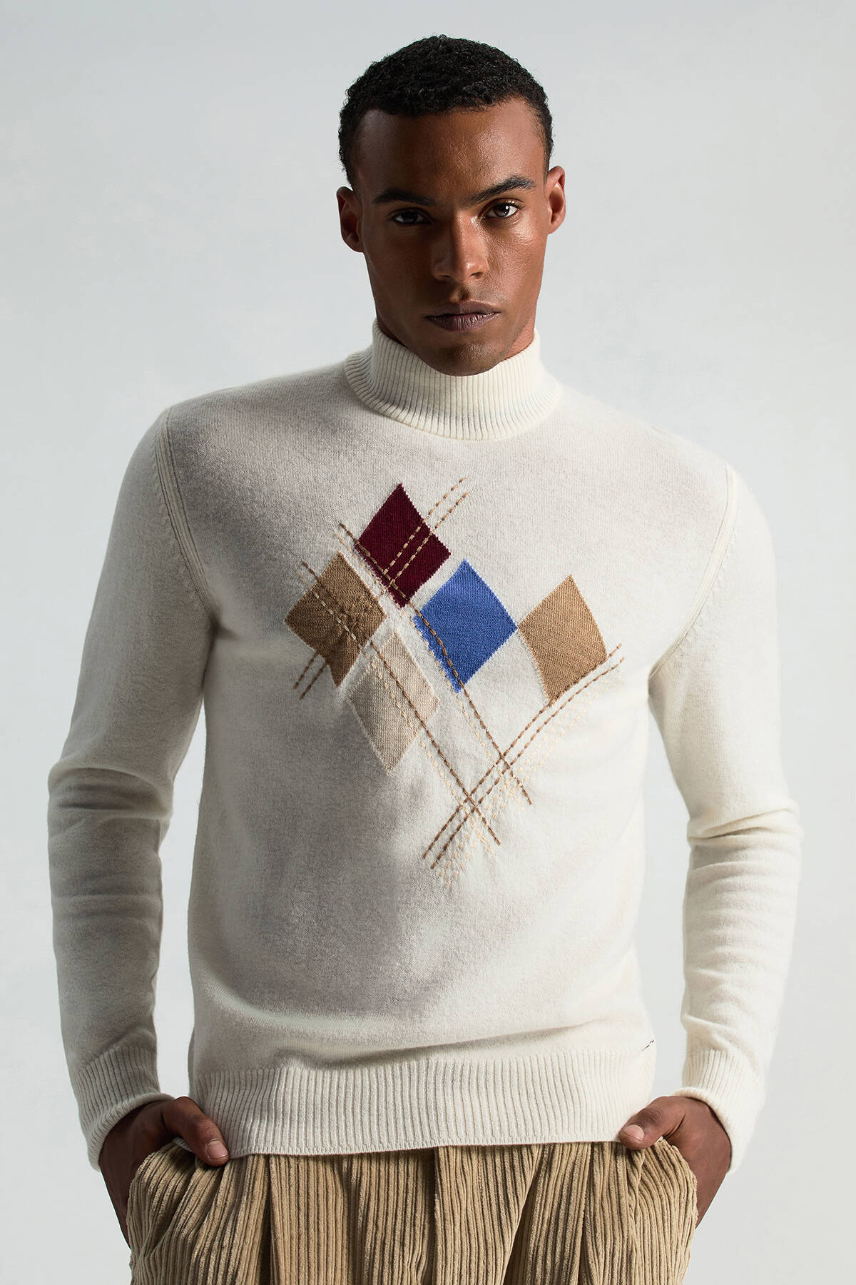 Lambswool Yün Argyle Desenli Yarım Balıkçı Yaka Ekru Kazak