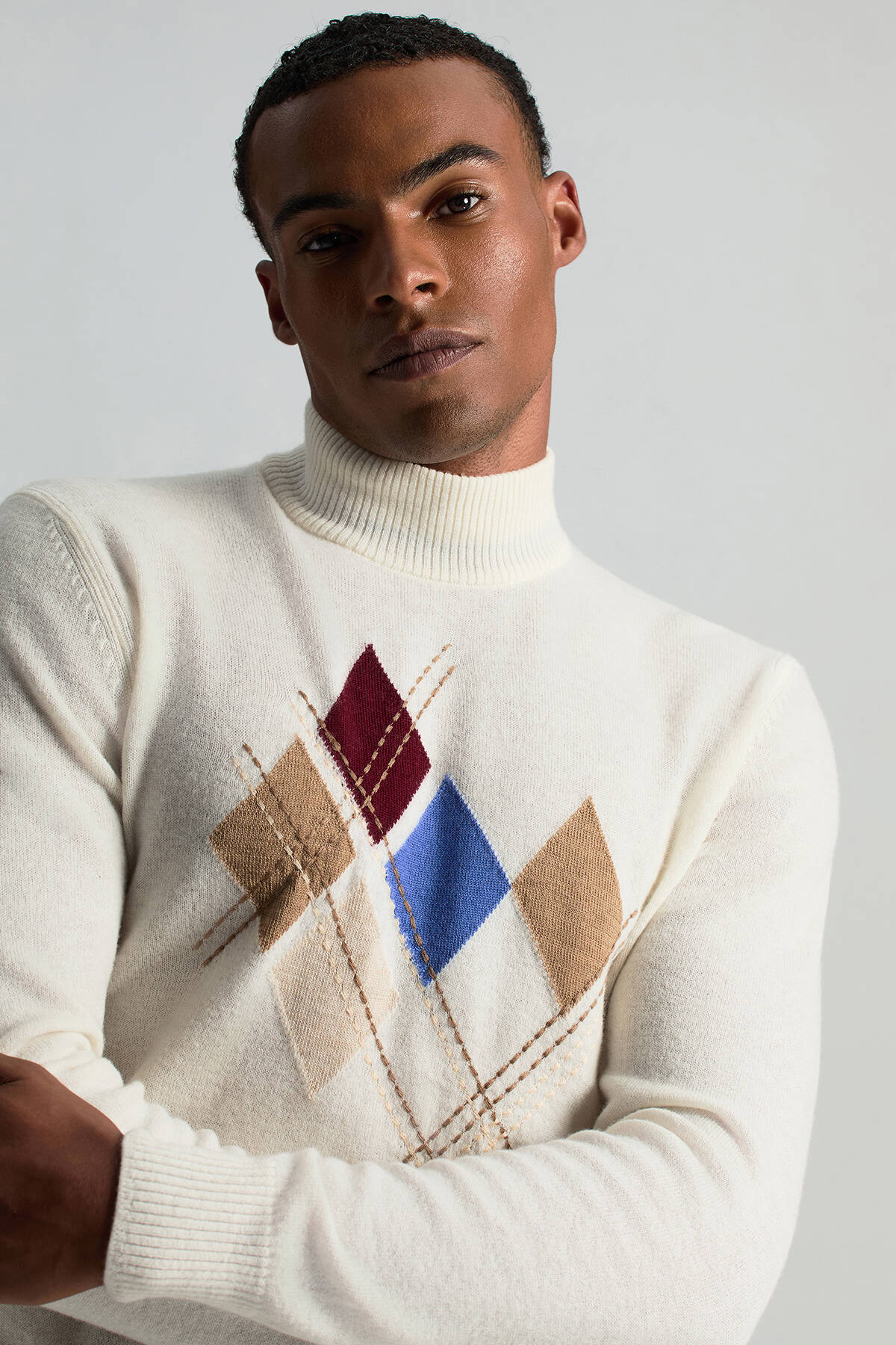 Lambswool Yün Argyle Desenli Yarım Balıkçı Yaka Ekru Kazak