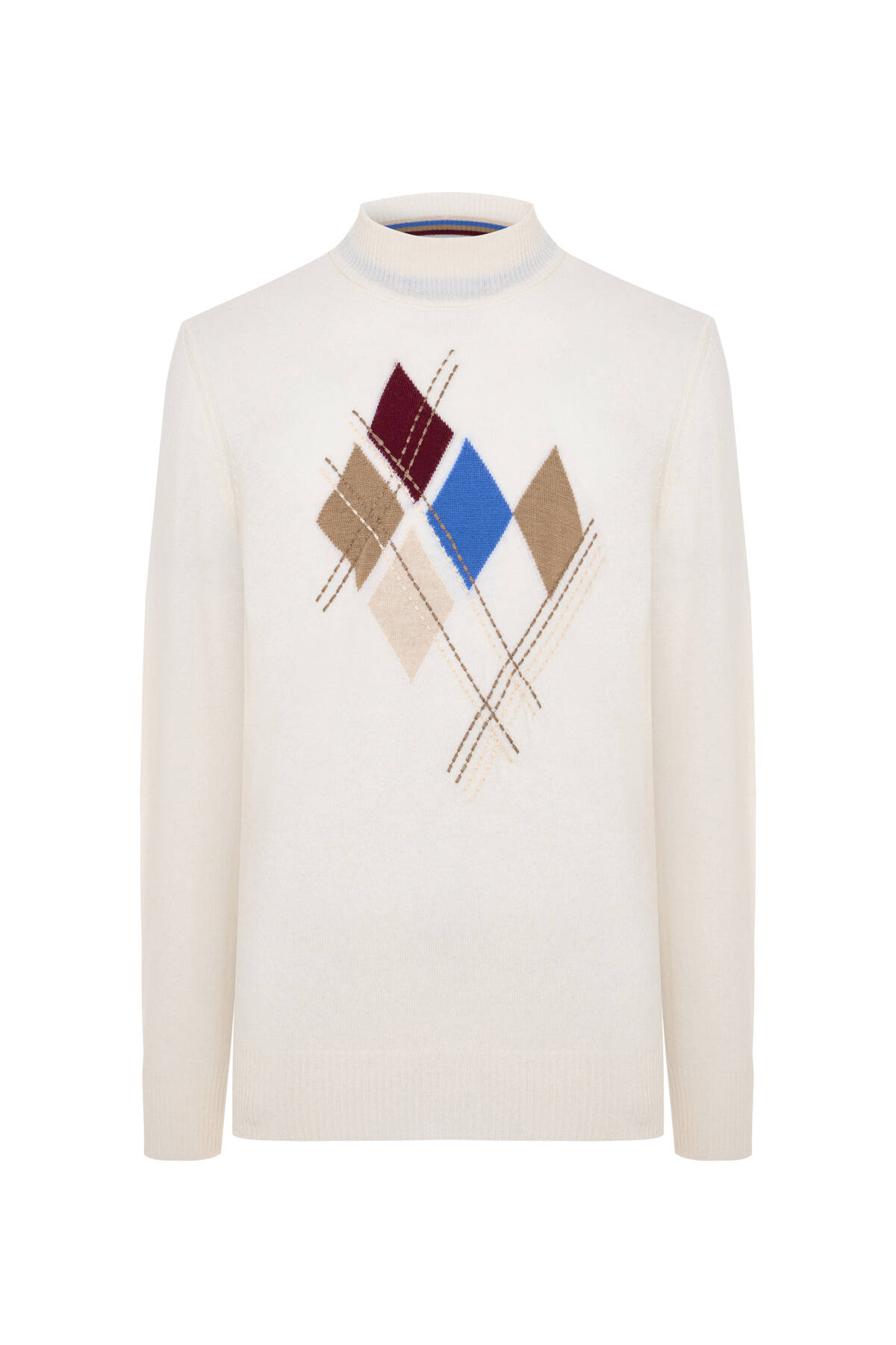 Lambswool Yün Argyle Desenli Yarım Balıkçı Yaka Ekru Kazak