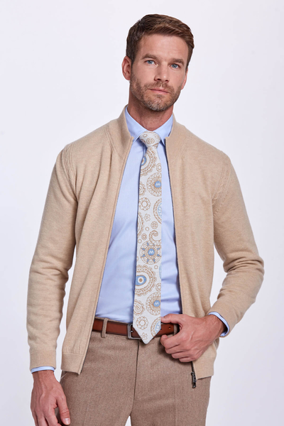 Lambswool Yün Fermuarlı Camel Hırka