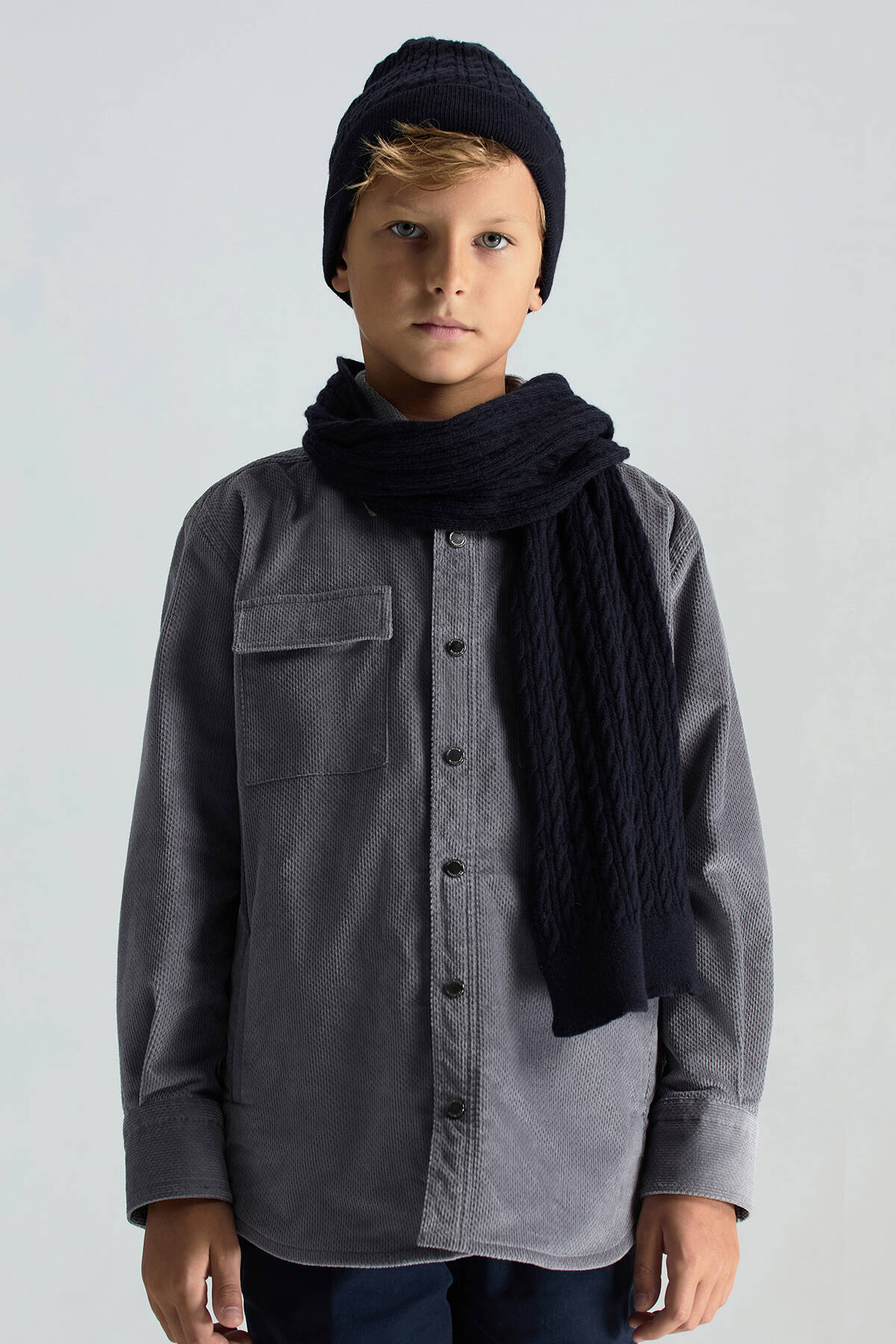 Lambswool Yün Lacivert Çocuk Atkı