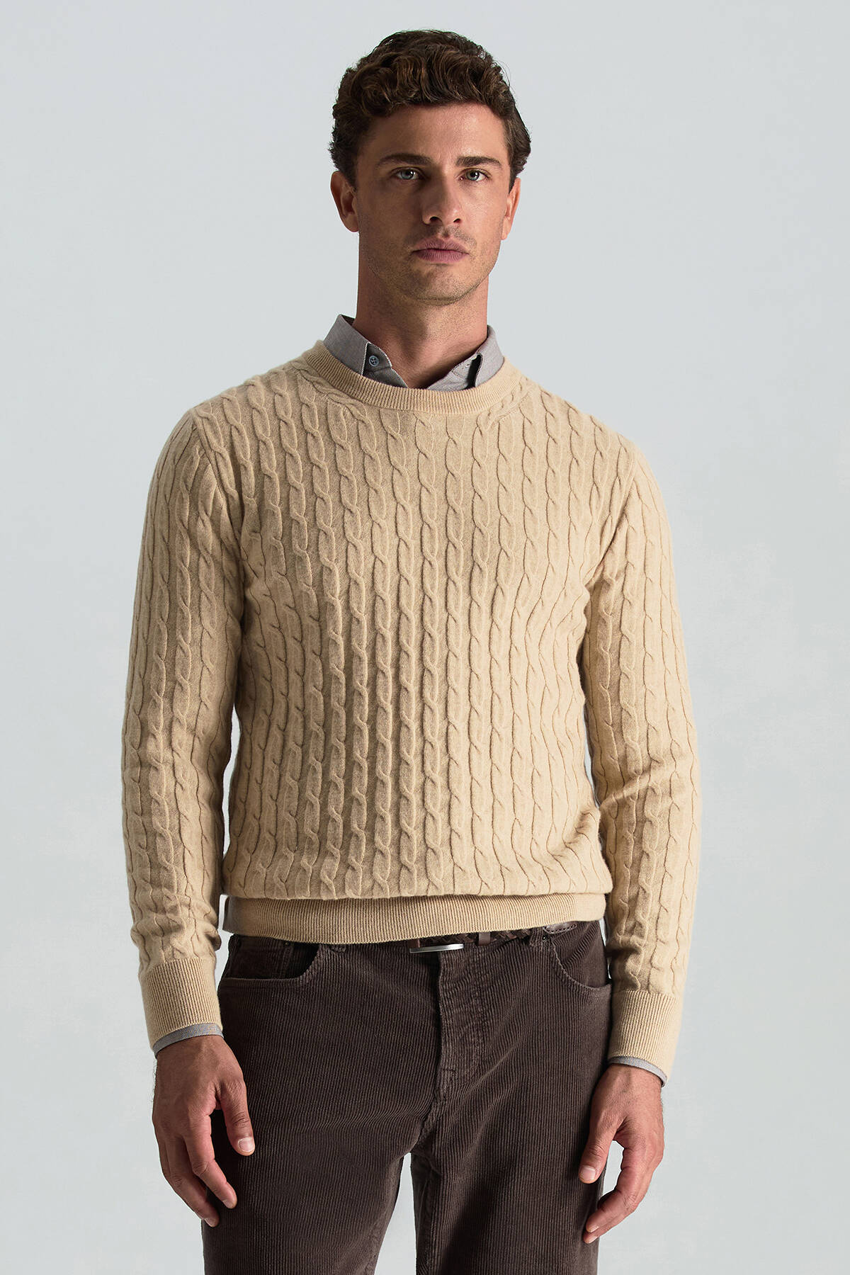 Lambswool Yün Saç Örgü Desenli Bisiklet Yaka Camel Kazak