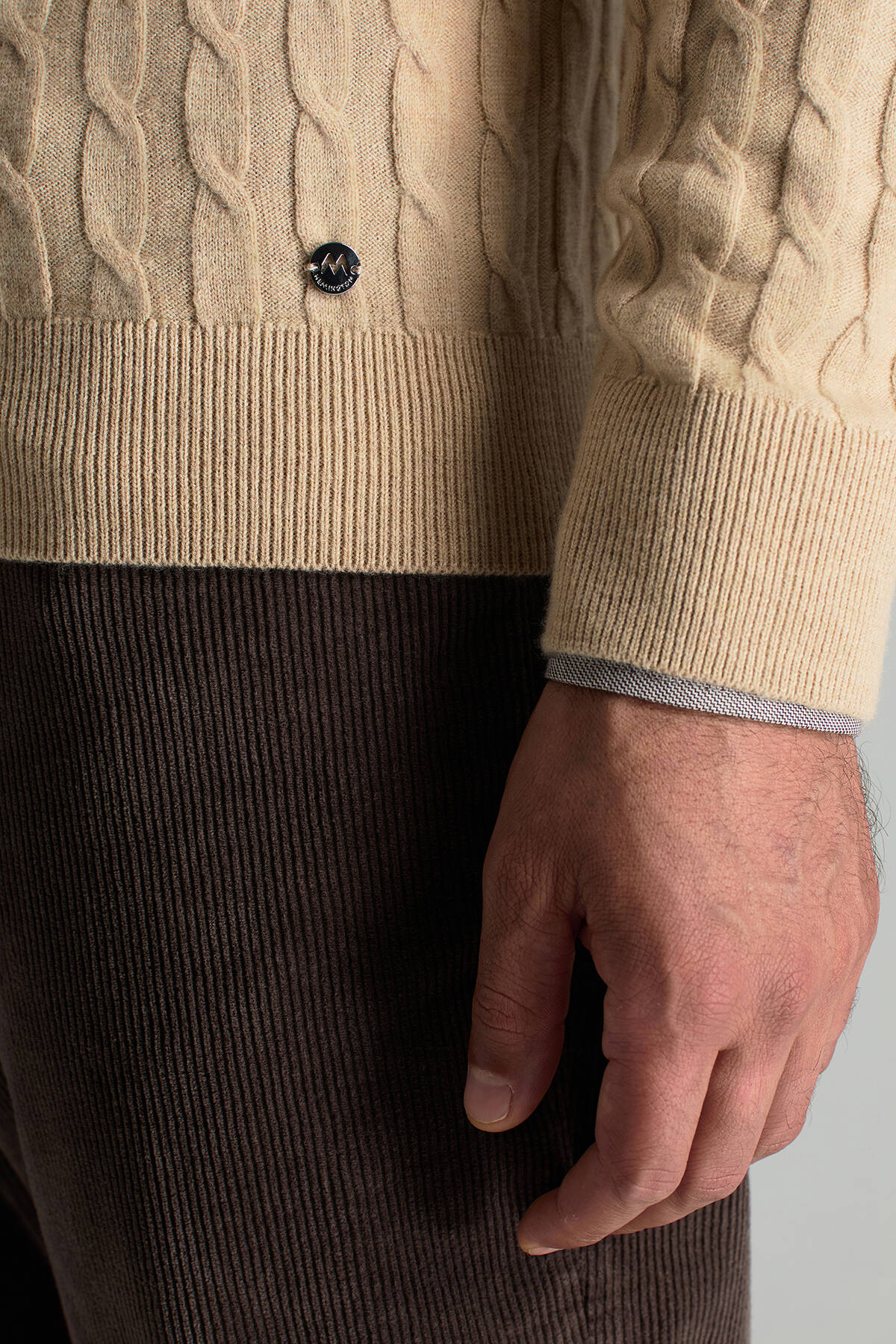 Lambswool Yün Saç Örgü Desenli Bisiklet Yaka Camel Kazak