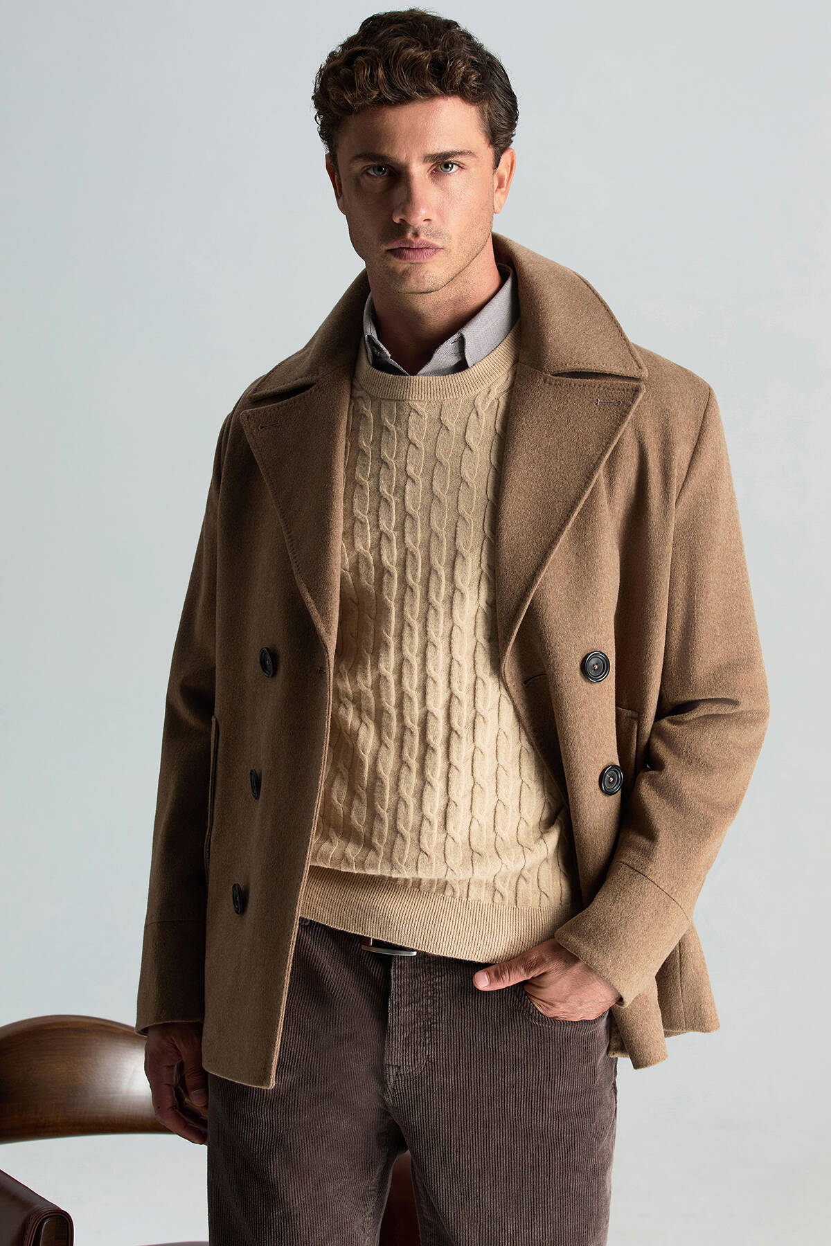 Lambswool Yün Saç Örgü Desenli Bisiklet Yaka Camel Kazak