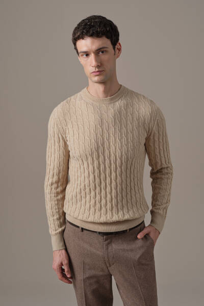 Lambswool Yün Saç Örgülü Bisiklet Yaka Camel Kazak - Hemington
