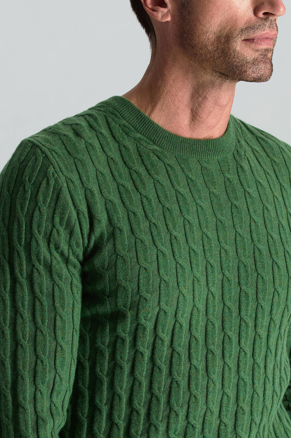 Lambswool Yün Saç Örgü Desenli Bisiklet Yaka Yeşil Kazak