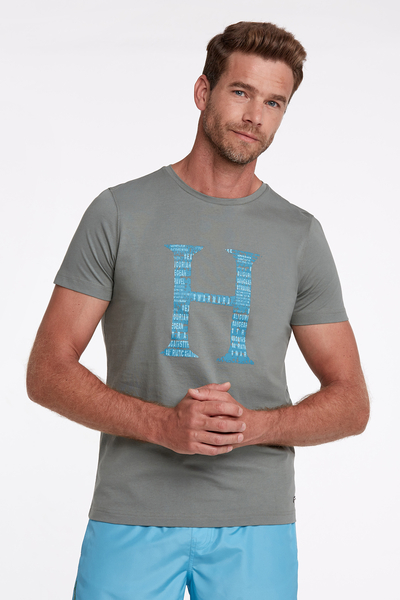 Logo Baskılı Haki Bisiklet Yaka Pamuk T-Shirt