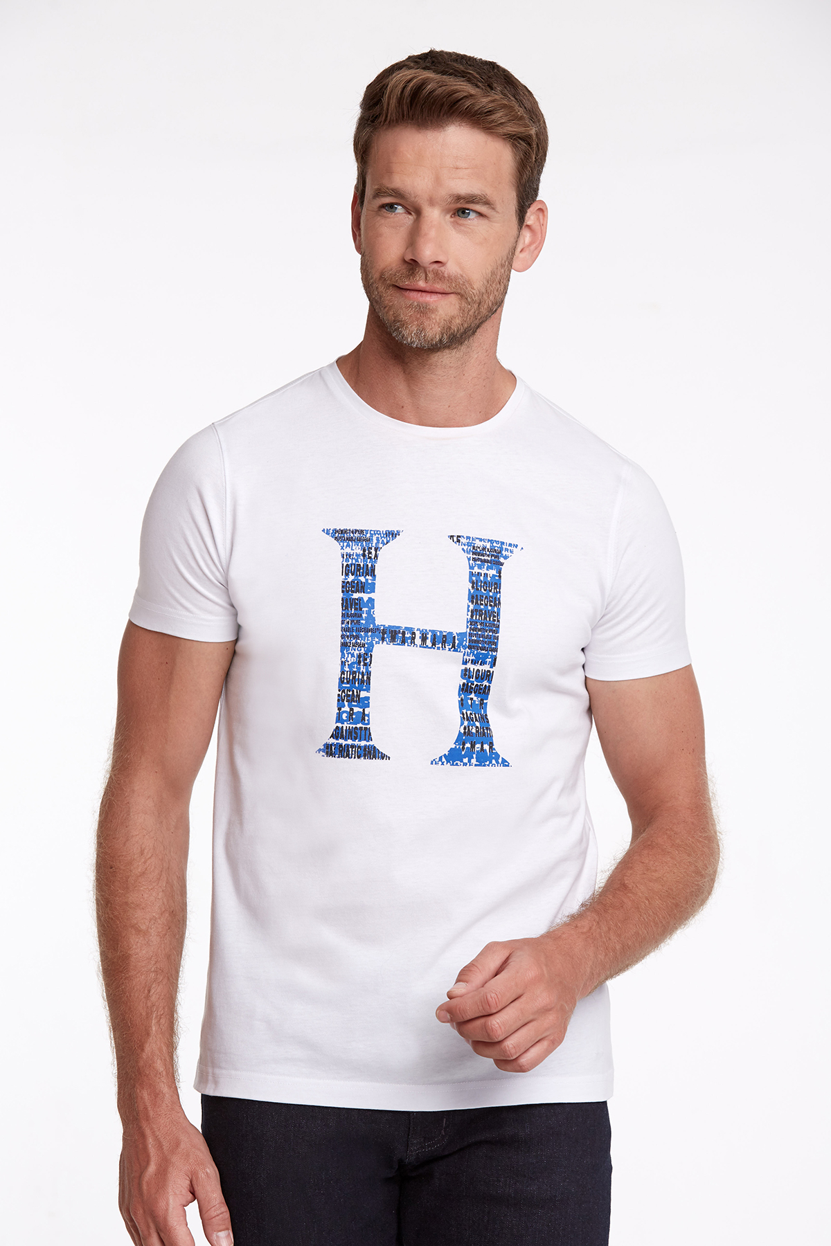 Logo Baskılı Kırık Beyaz Bisiklet Yaka Pamuk T-Shirt