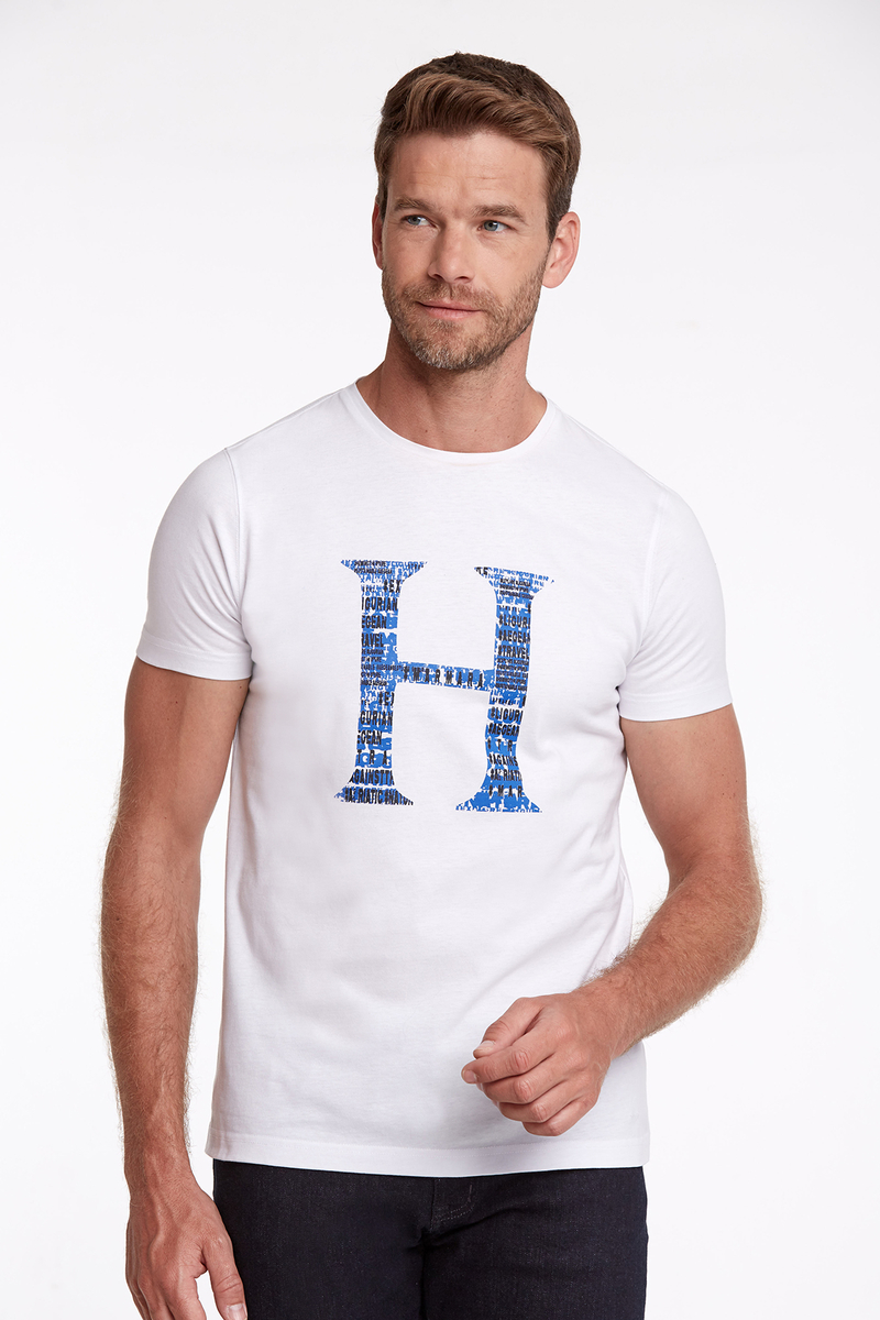 Hemington Logo Baskılı Kırık Beyaz Bisiklet Yaka Pamuk T-Shirt. 1