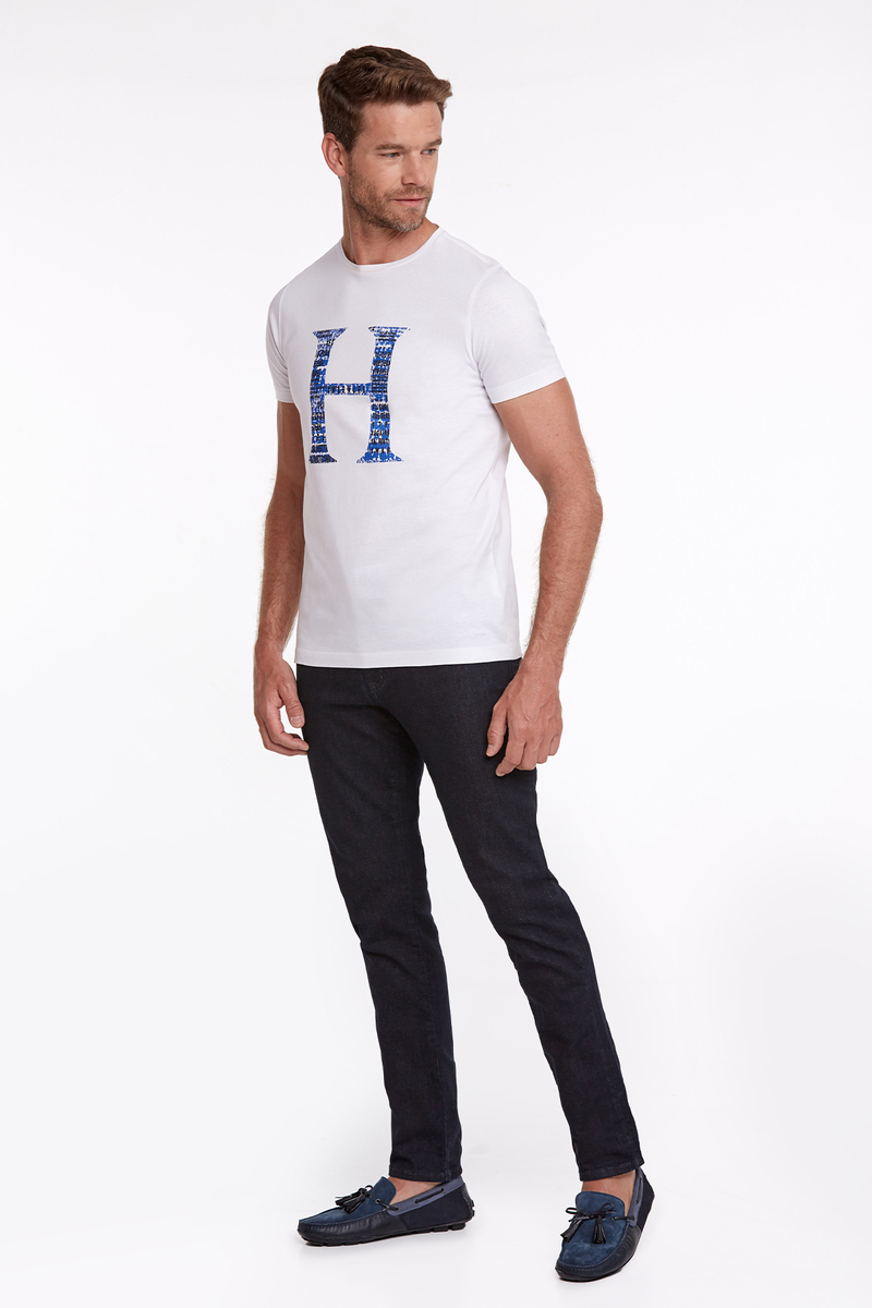 Hemington Logo Baskılı Kırık Beyaz Bisiklet Yaka Pamuk T-Shirt. 3