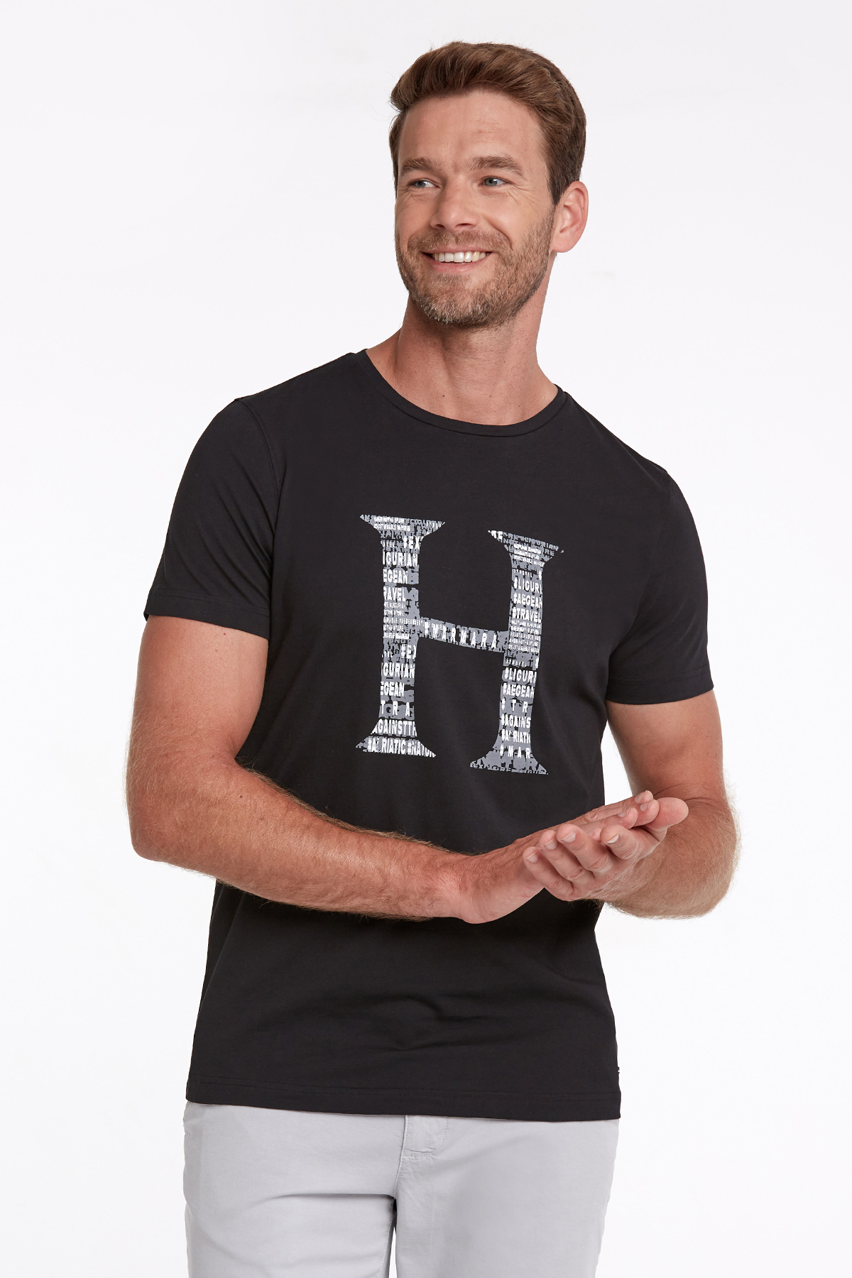 Logo Baskılı Siyah Bisiklet Yaka Pamuk T-Shirt