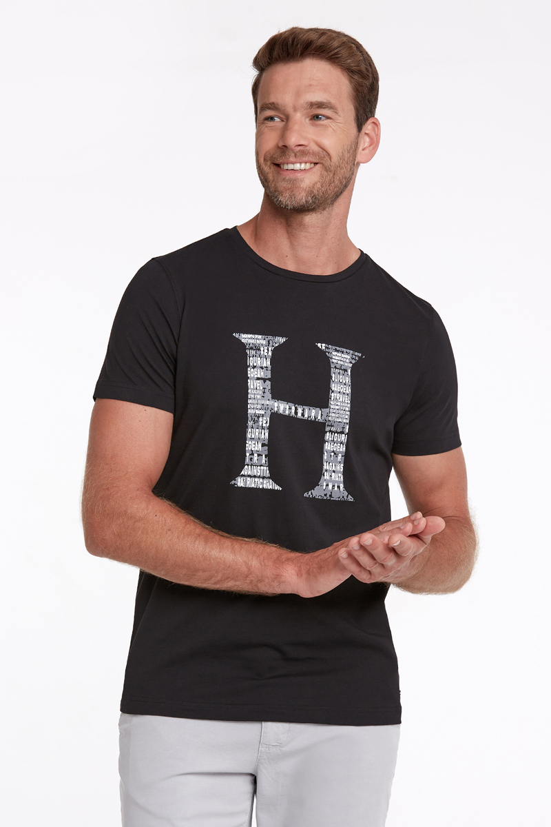 Hemington Logo Baskılı Siyah Bisiklet Yaka Pamuk T-Shirt. 1