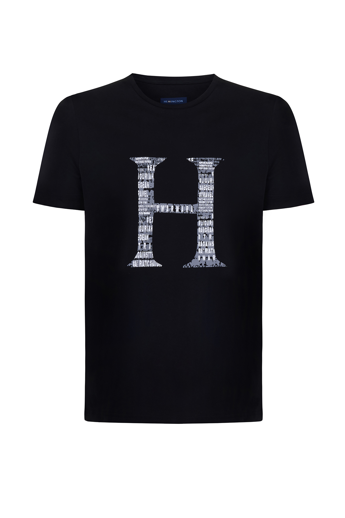 Logo Baskılı Siyah Bisiklet Yaka Pamuk T-Shirt