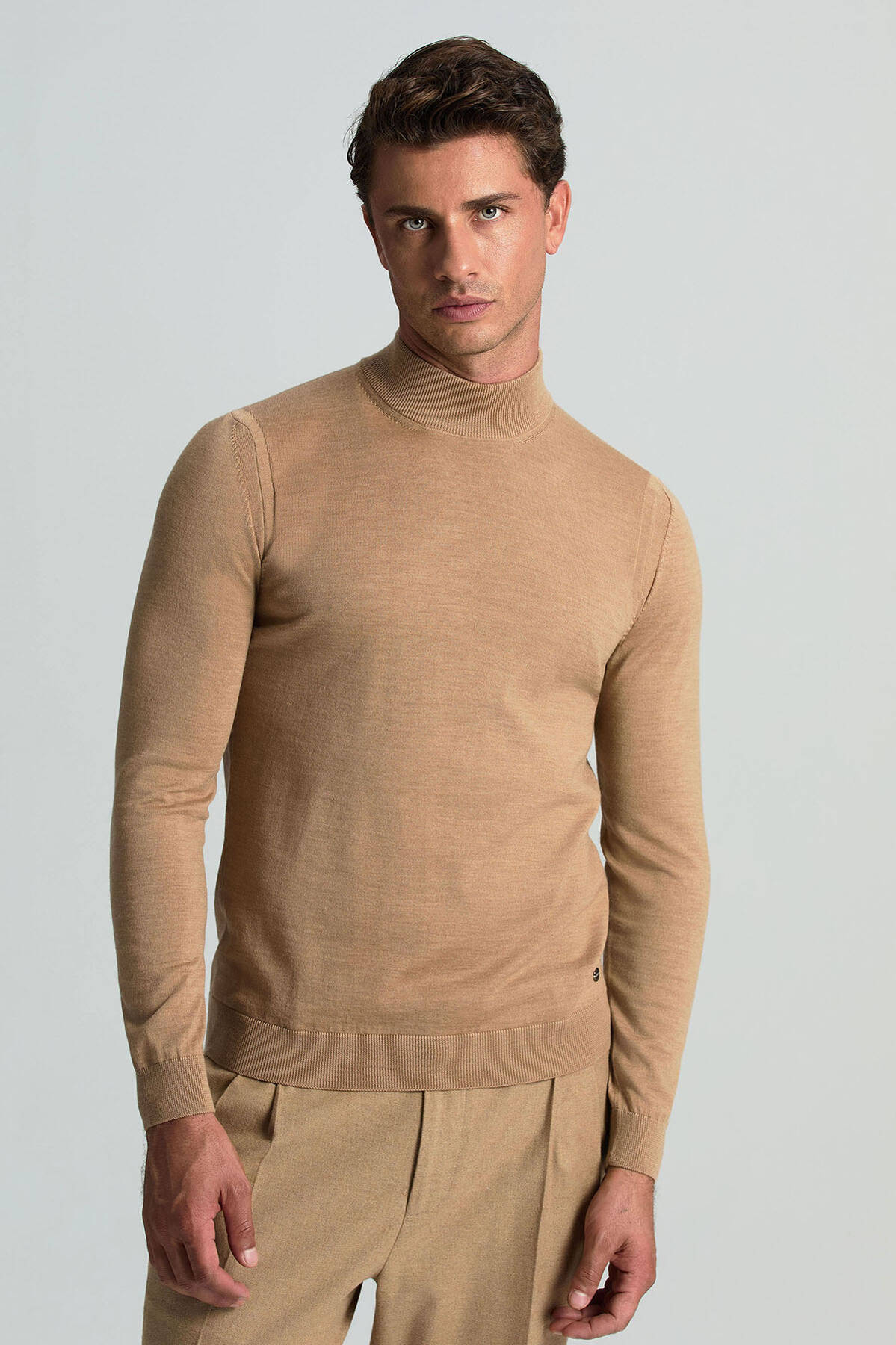 Lupetto Yaka Merino Yün Camel Triko