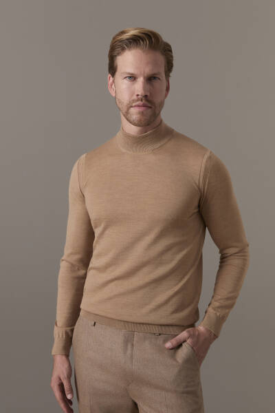 Merino Yün Lupetto Yaka Camel Triko - Hemington
