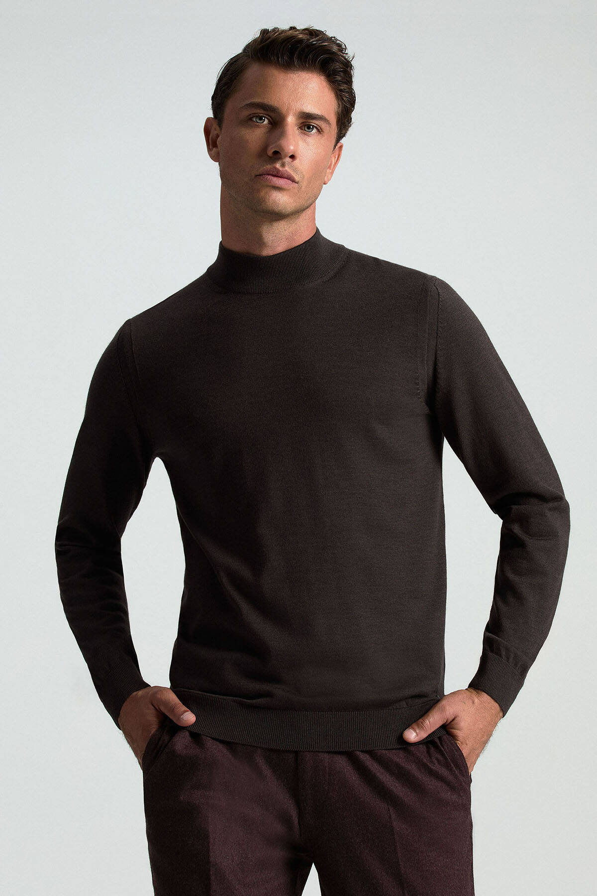 Lupetto Yaka Merino Yün Koyu Kahverengi Triko