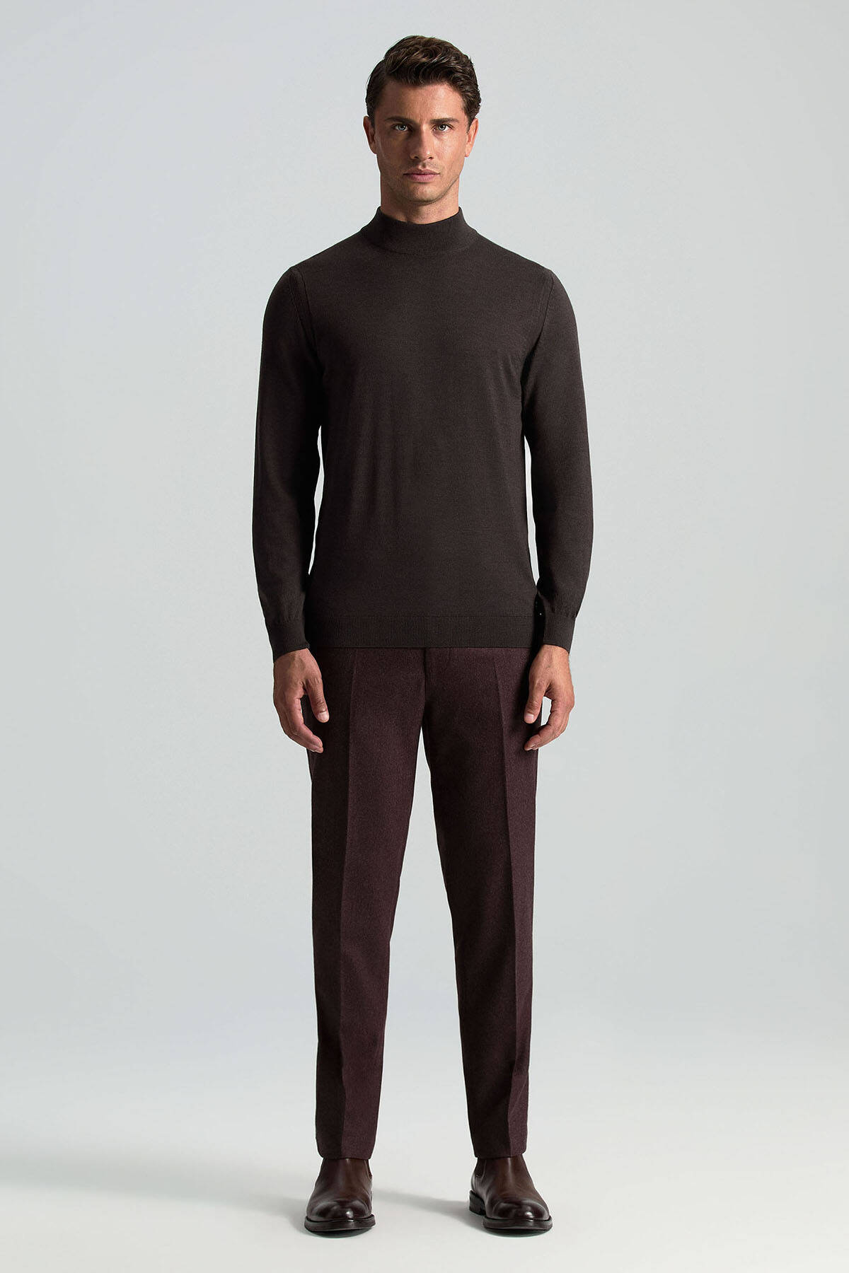 Lupetto Yaka Merino Yün Koyu Kahverengi Triko