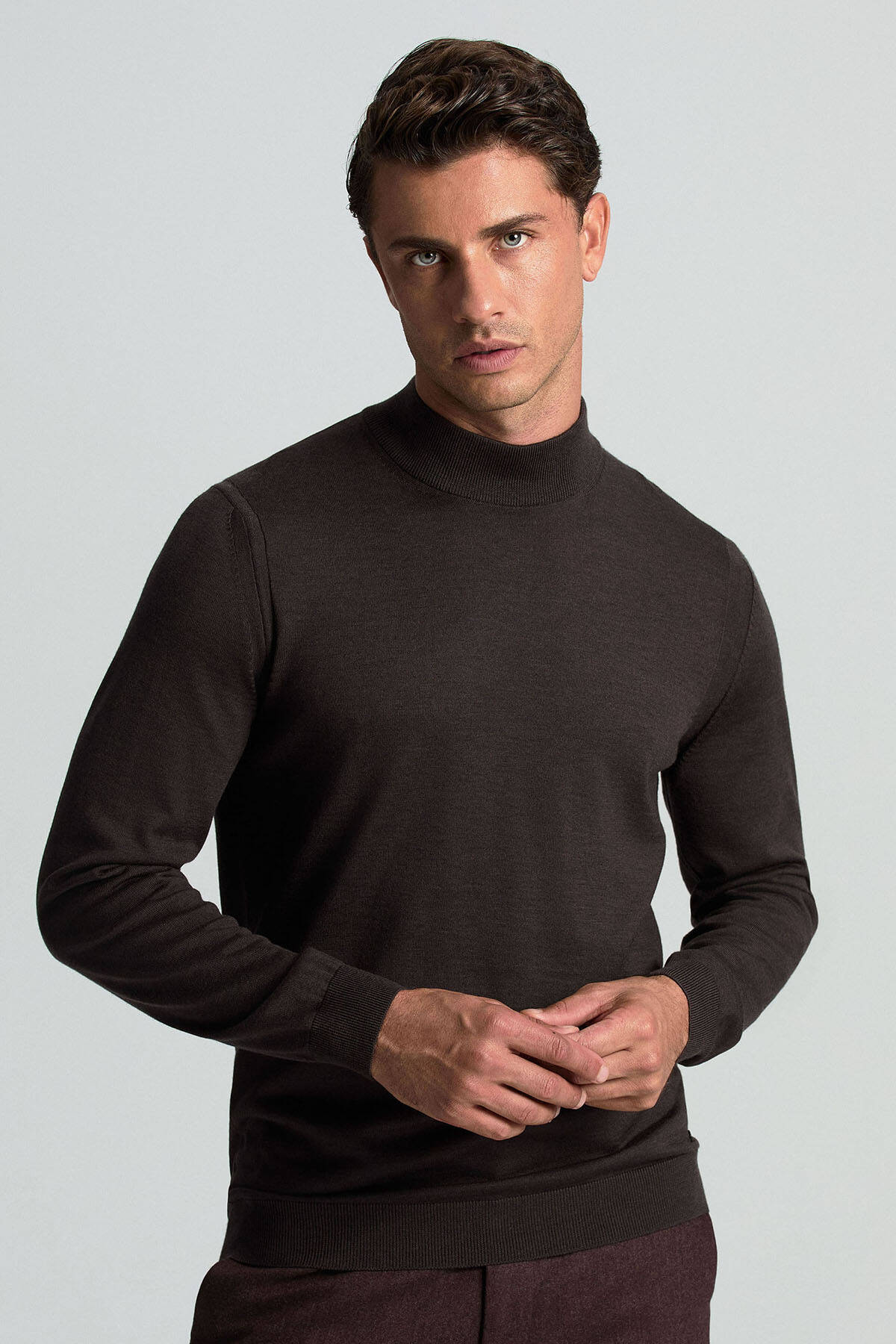 Lupetto Yaka Merino Yün Koyu Kahverengi Triko