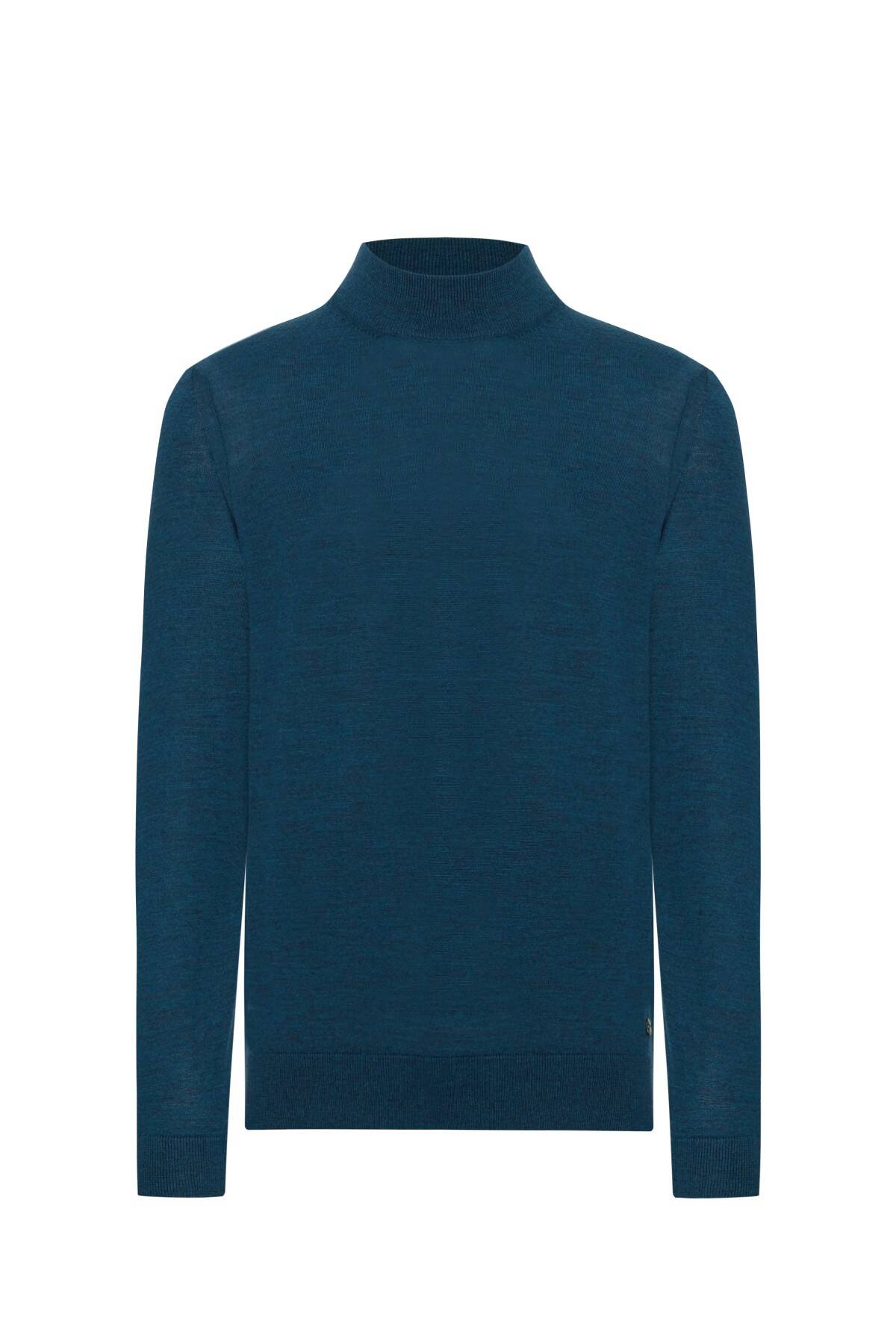 Lupetto Yaka Merino Yün Mavi Triko
