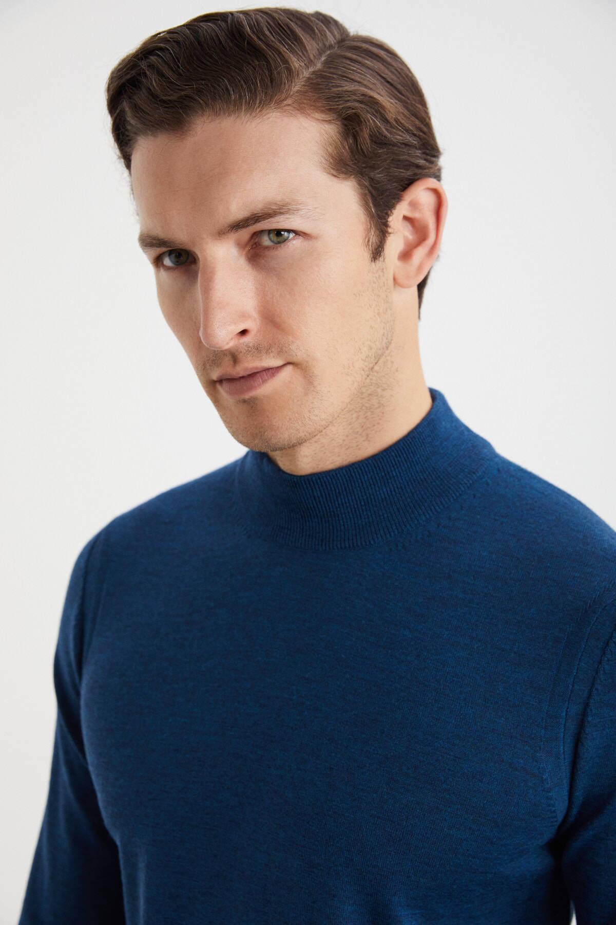 Lupetto Yaka Merino Yün Mavi Triko