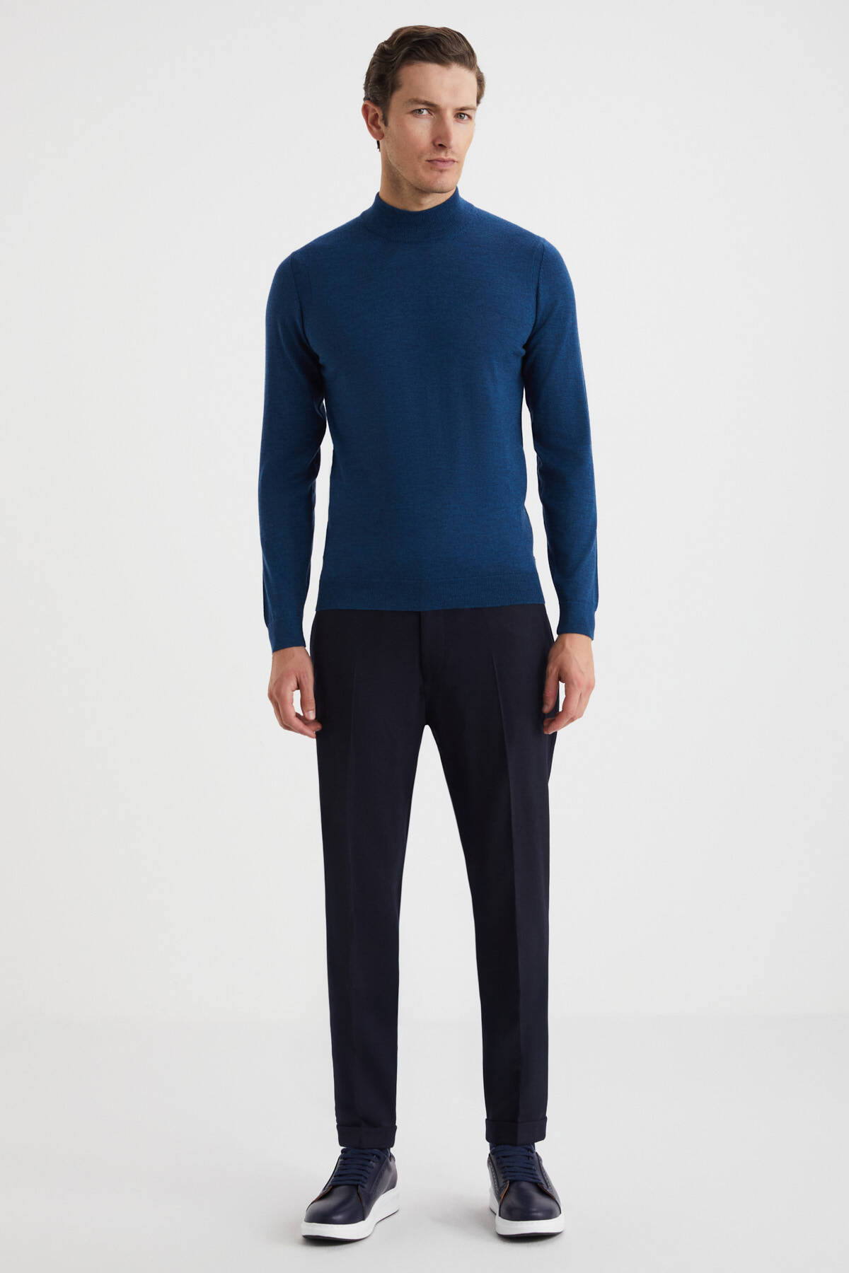 Lupetto Yaka Merino Yün Mavi Triko