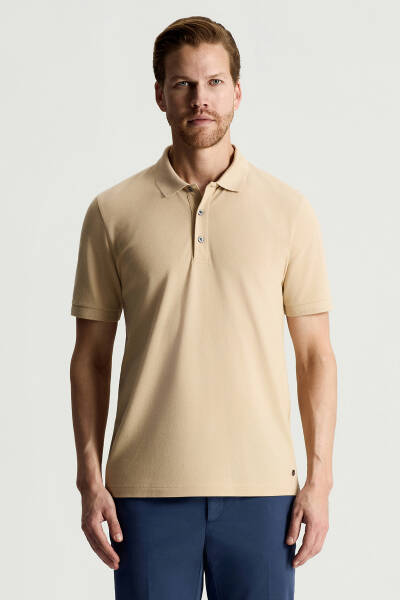 Lyocell Pamuk Kumaş Bej Polo Yaka T-Shirt