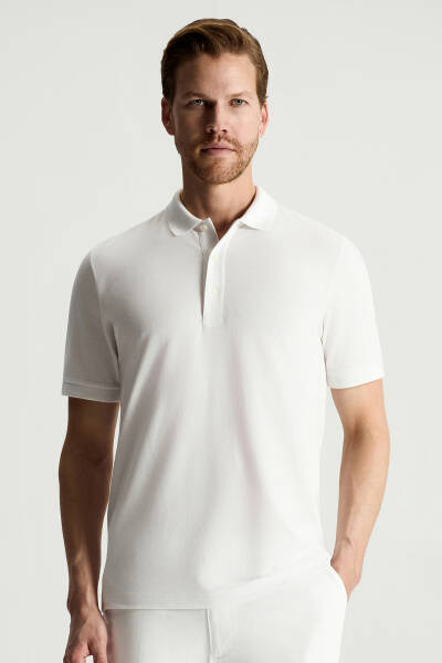 Lyocell Pamuk Kumaş Beyaz Polo Yaka T-Shirt