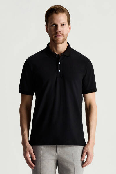 Lyocell Pamuk Kumaş Siyah Polo Yaka T-Shirt