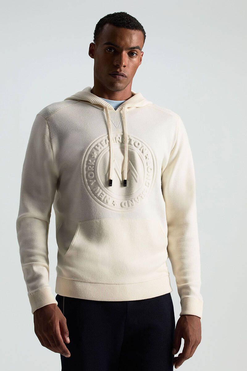 M Logolu Kapüşonlu Kırık Beyaz Hoody
