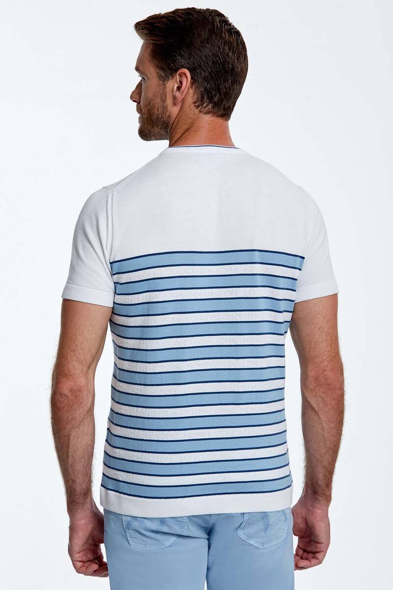 Hemington Mavi Çizgi Desenli Bisiklet Yaka Beyaz Triko T-Shirt. 6 Hemington Mavi Çizgi Desenli Bisiklet Yaka Beyaz Triko T-Shirt. 6