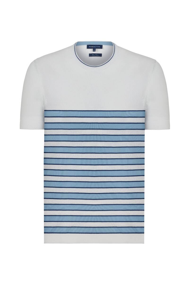 Hemington Mavi Çizgi Desenli Bisiklet Yaka Beyaz Triko T-Shirt. 8 Hemington Mavi Çizgi Desenli Bisiklet Yaka Beyaz Triko T-Shirt. 8
