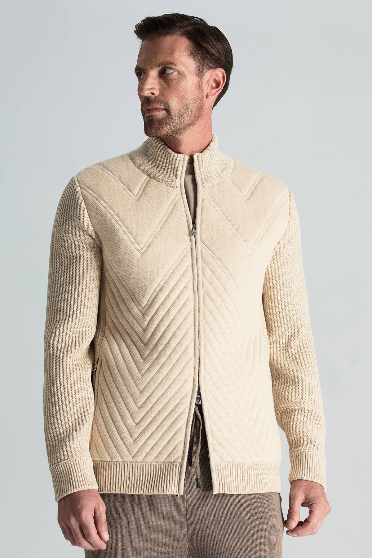Merino Yün Activewear Açık Bej Triko Ceket
