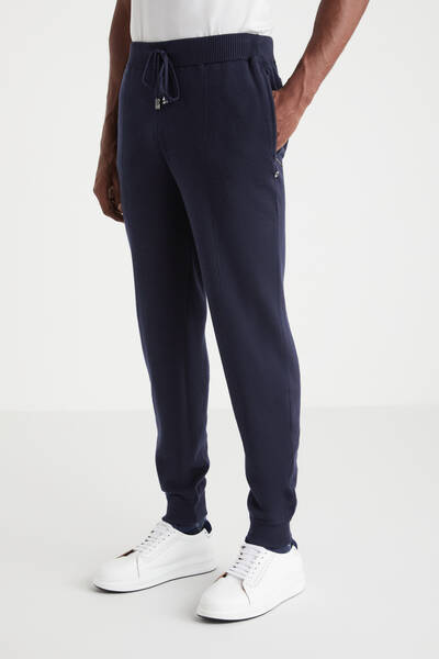 Lacivert Merino Yün Activewear Şerit Detaylı Triko Pantolon - Hemington