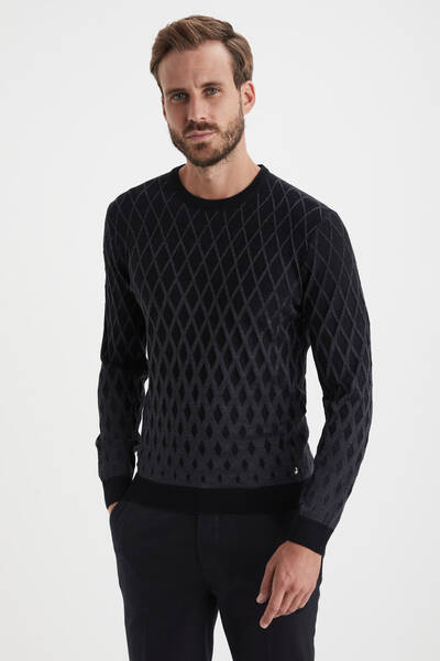 Extrafine Merino Baklava Desen Siyah Triko