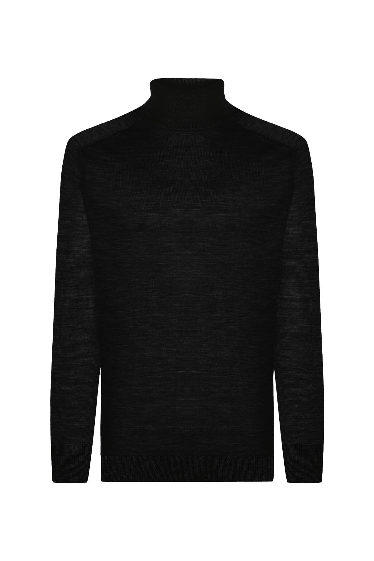 Boğazlı Slim Fit Siyah Merino Yün Triko