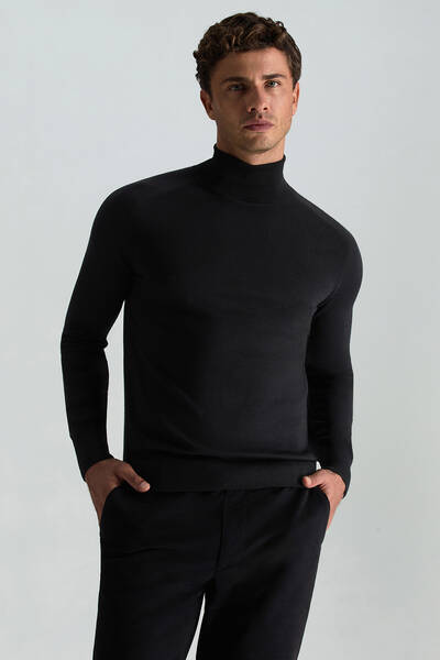 Boğazlı Slim Fit Siyah Merino Yün Triko - Hemington