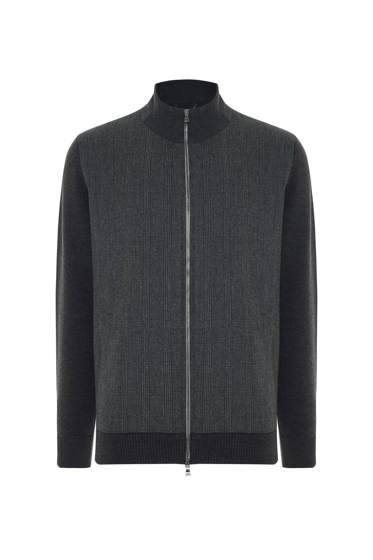 Merino Yün Ekose Desen Antrasit Business Triko Ceket