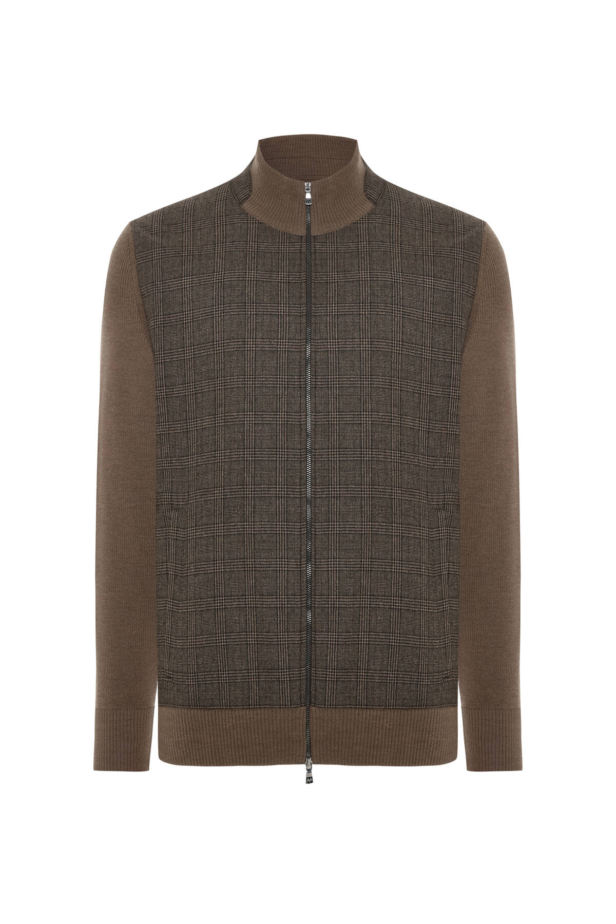 Merino Yün Ekose Desen Tütün Rengi Business Triko Ceket