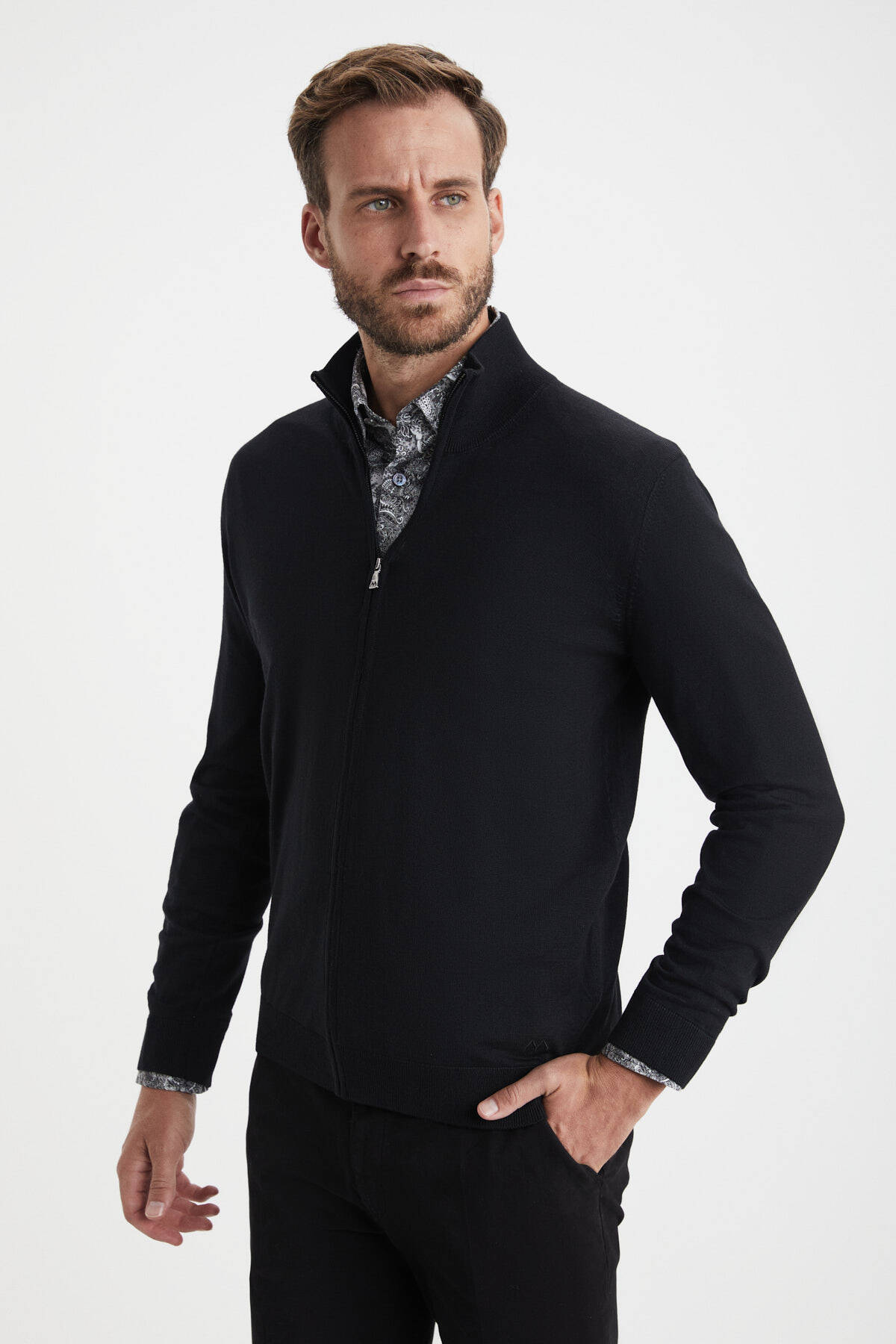 Extrafine Merino Fermuarlı Siyah Triko Hırka