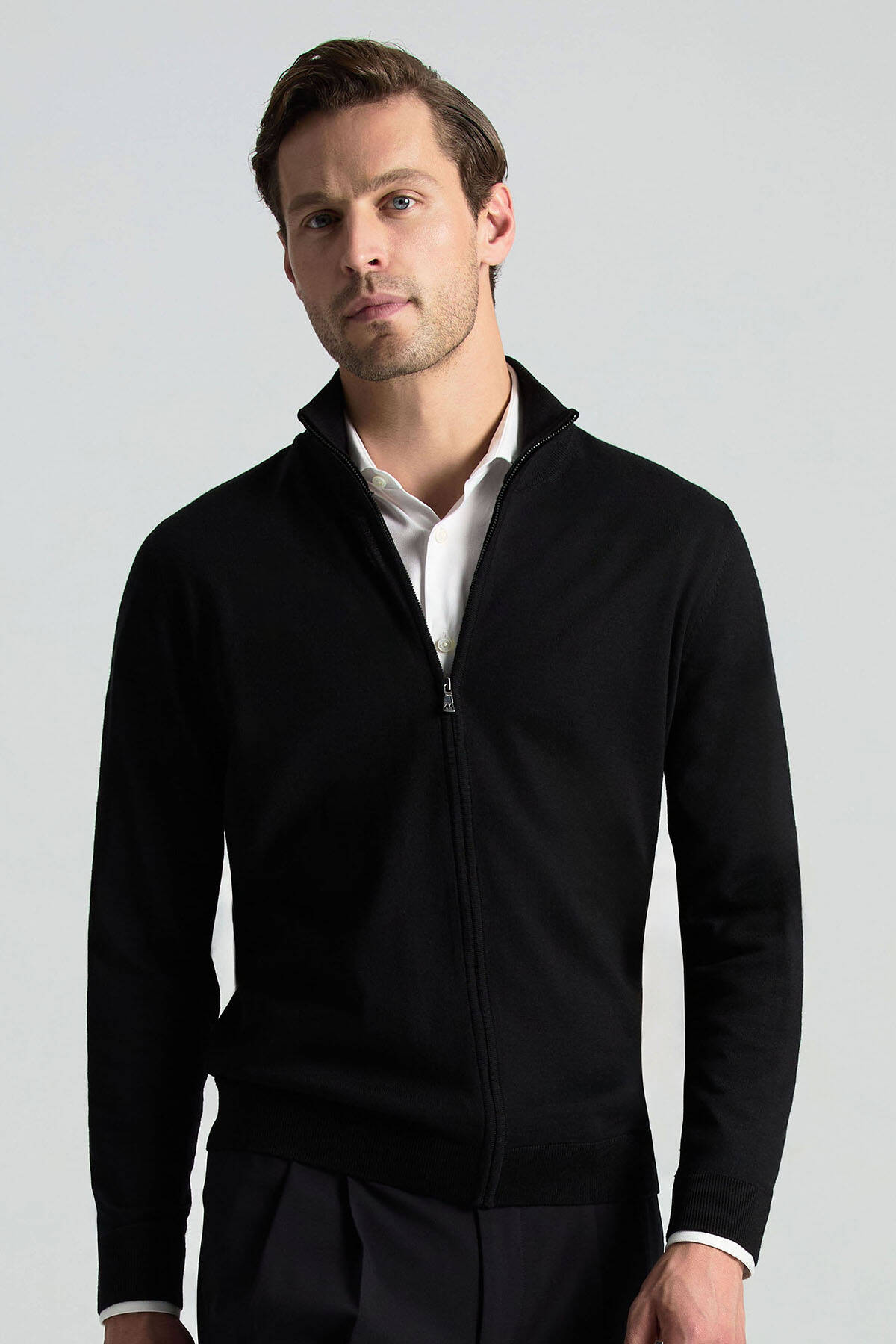 Extrafine Merino Fermuarlı Siyah Triko Hırka