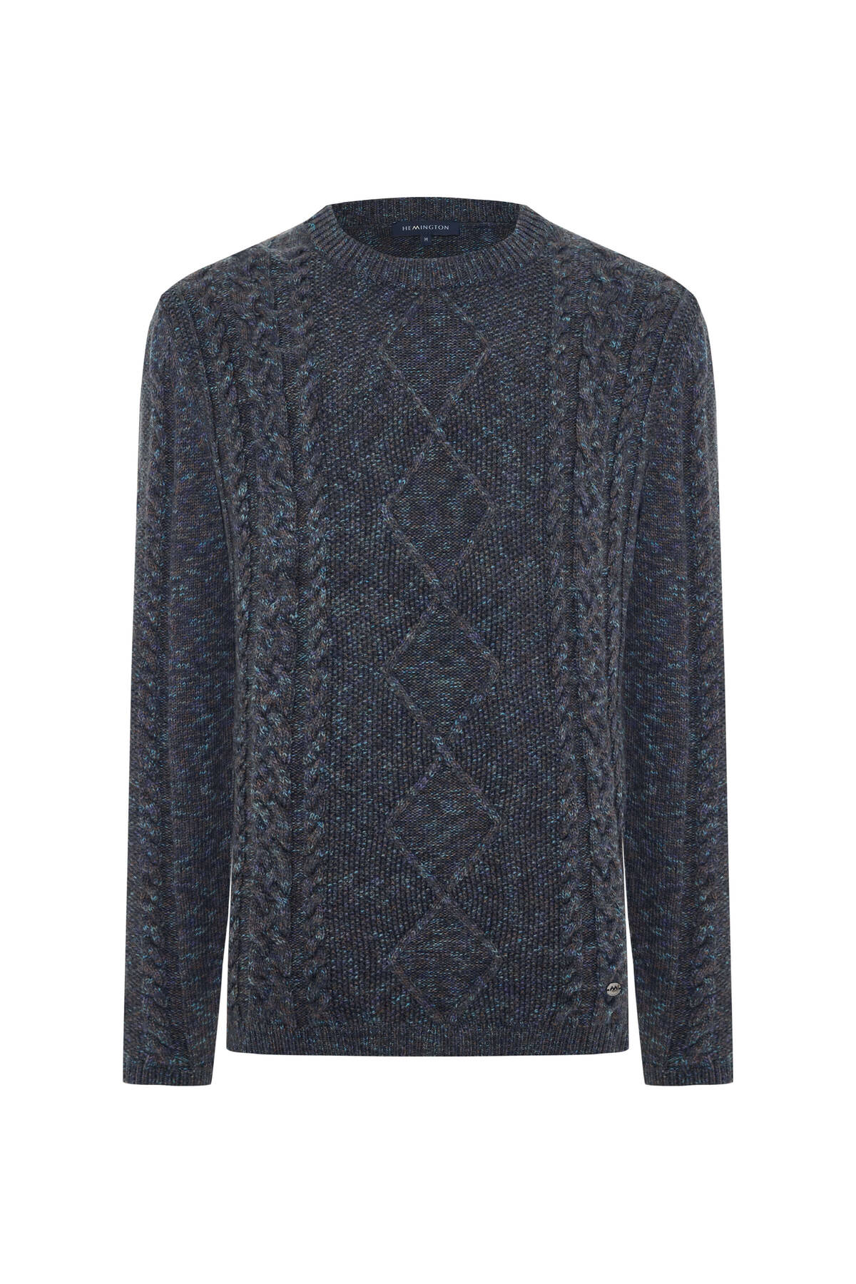 Merino Yün-İpek Karışım Aran Örgü Desen Bisiklet Yaka Lacivert Kazak