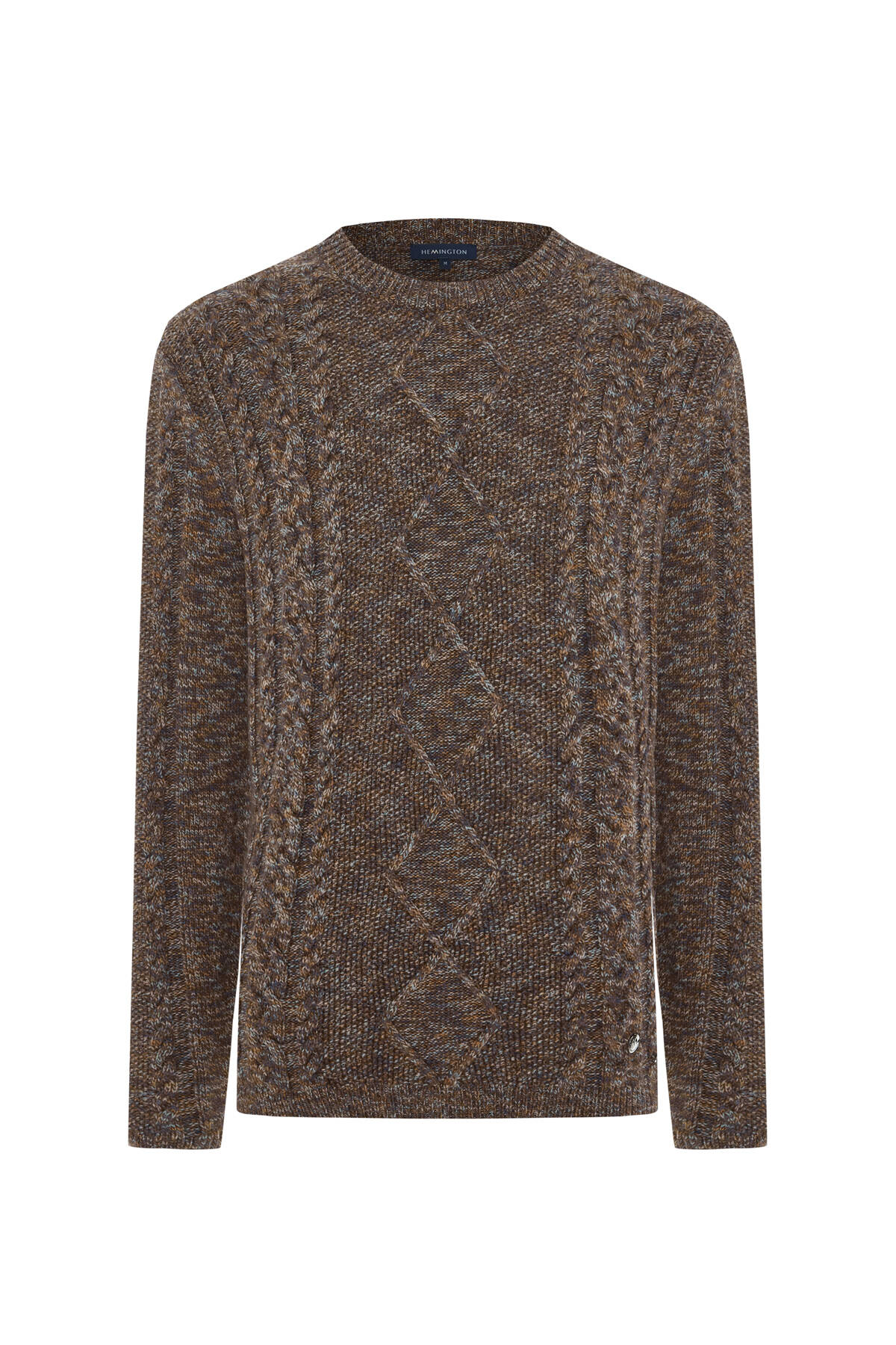 Merino Yün-İpek Karışım Aran Örgü Desen Bisiklet Yaka Tütün Rengi Kazak