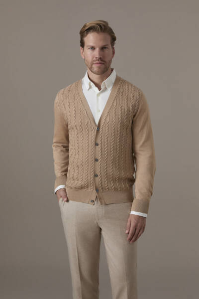 Merino Yün İpek Karışım Örgü Desenli Camel Hırka - Hemington