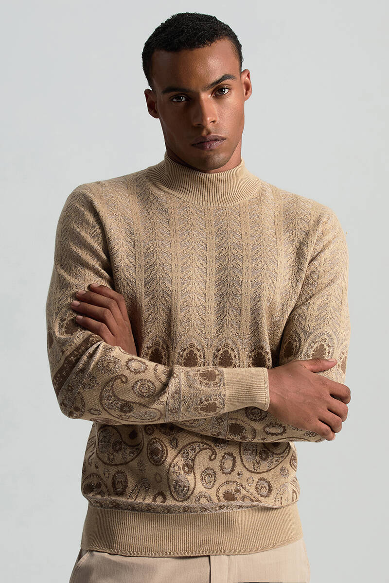 Merino Yün İpek Karışım Paisley Desen Lupetto Yaka Camel Triko Kazak