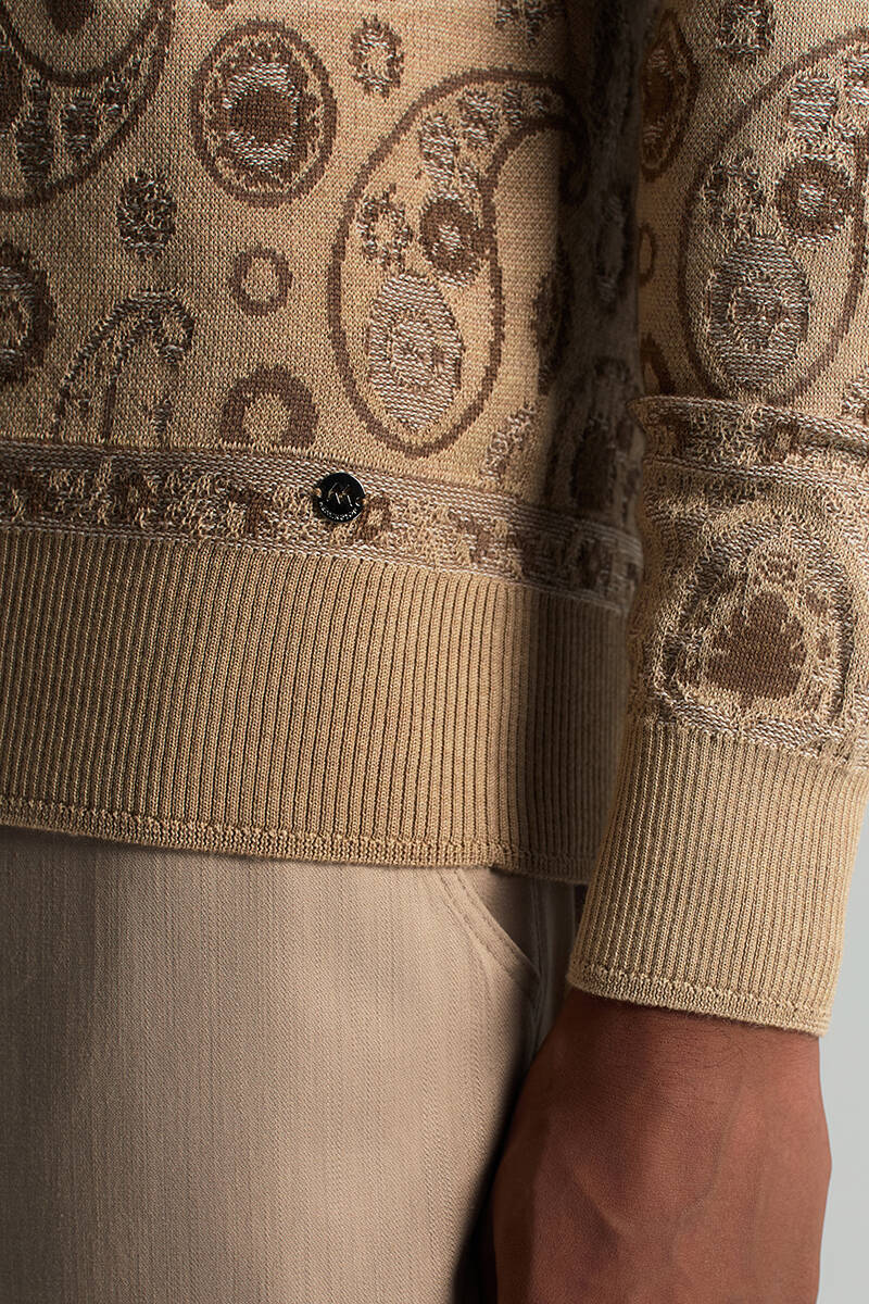 Merino Yün İpek Karışım Paisley Desen Lupetto Yaka Camel Triko Kazak